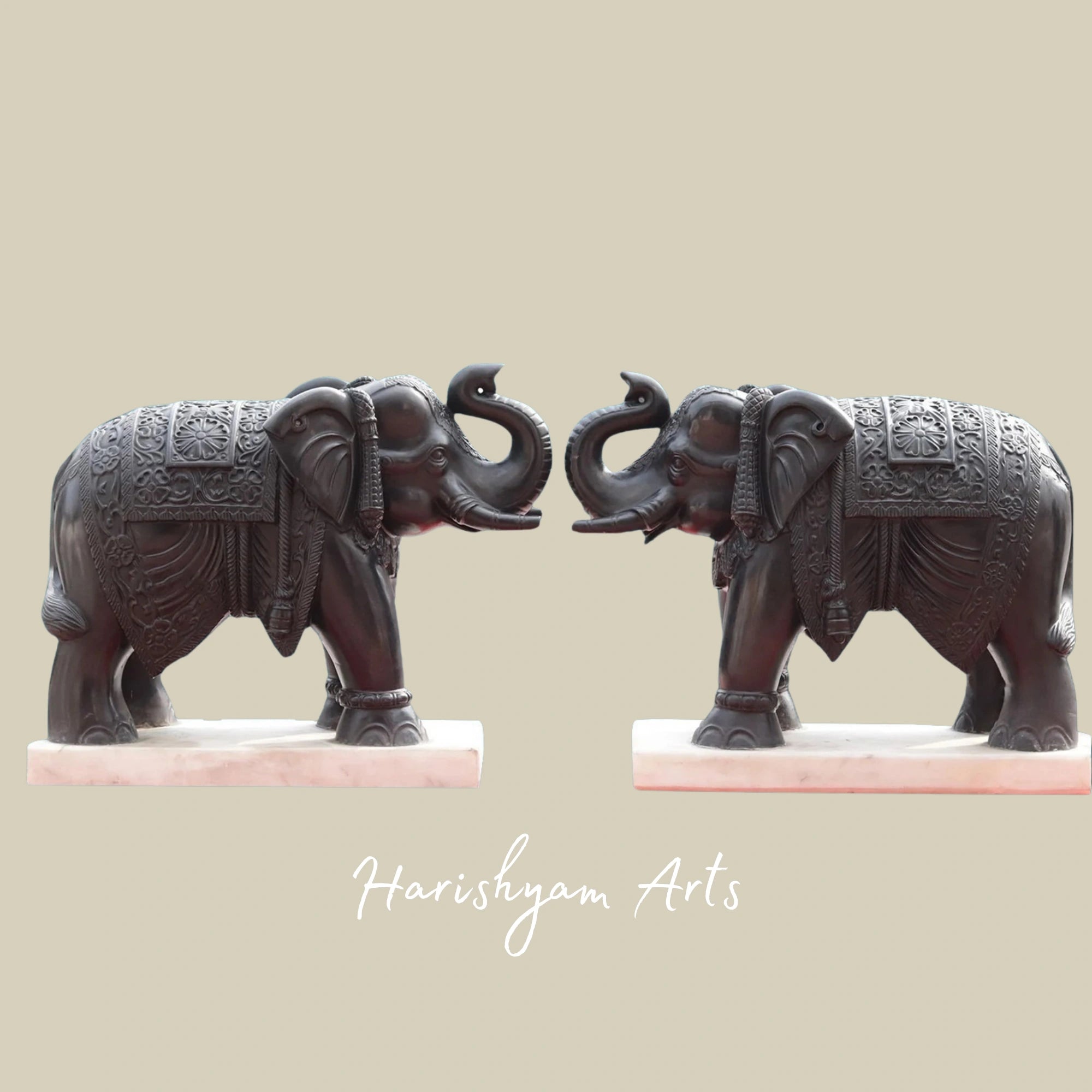 24" Artisan Crafted Black Marble Elephant Duo from Rajasthan