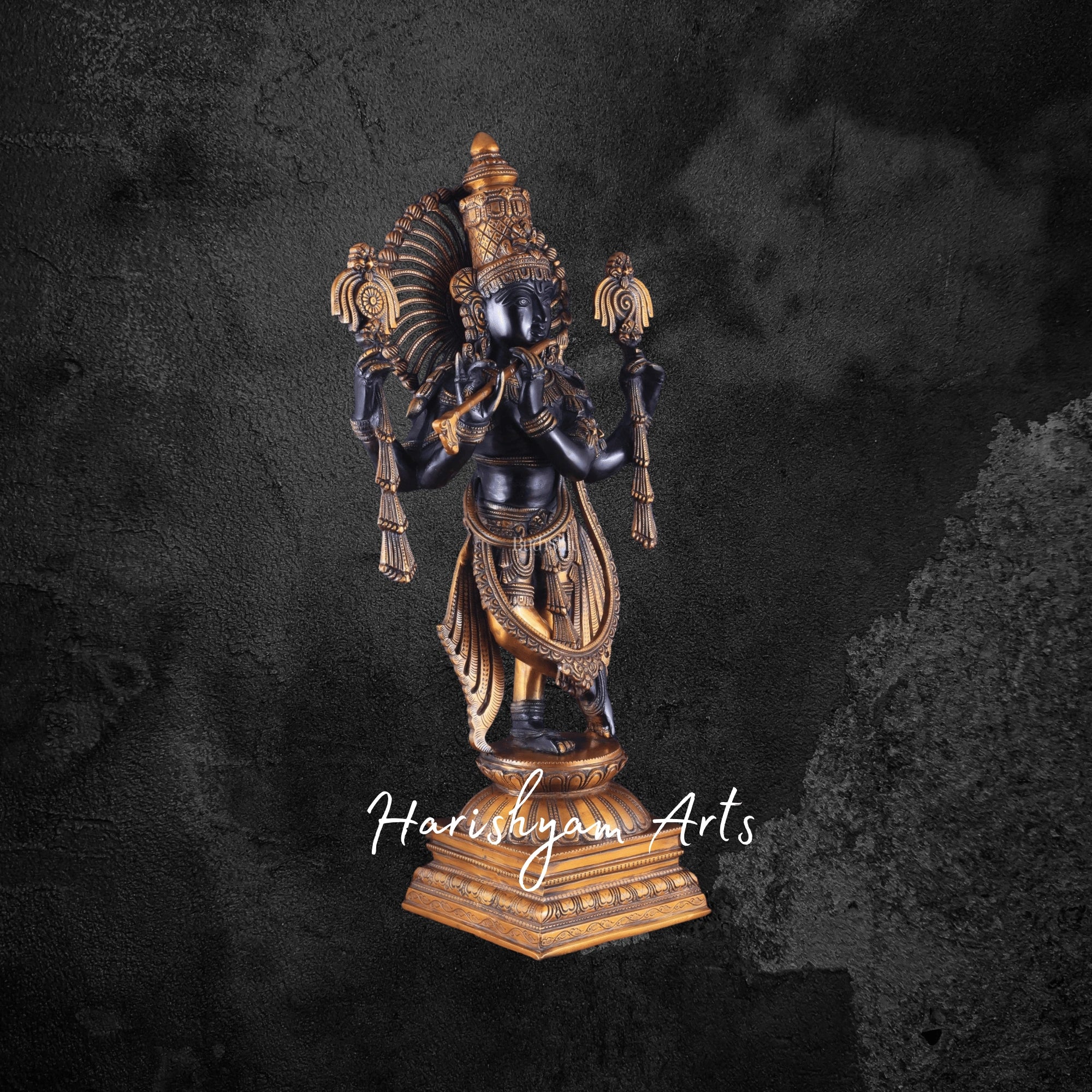 24" Brass Krishna in Vishnu Roopam Divine Four-Armed Sculpture