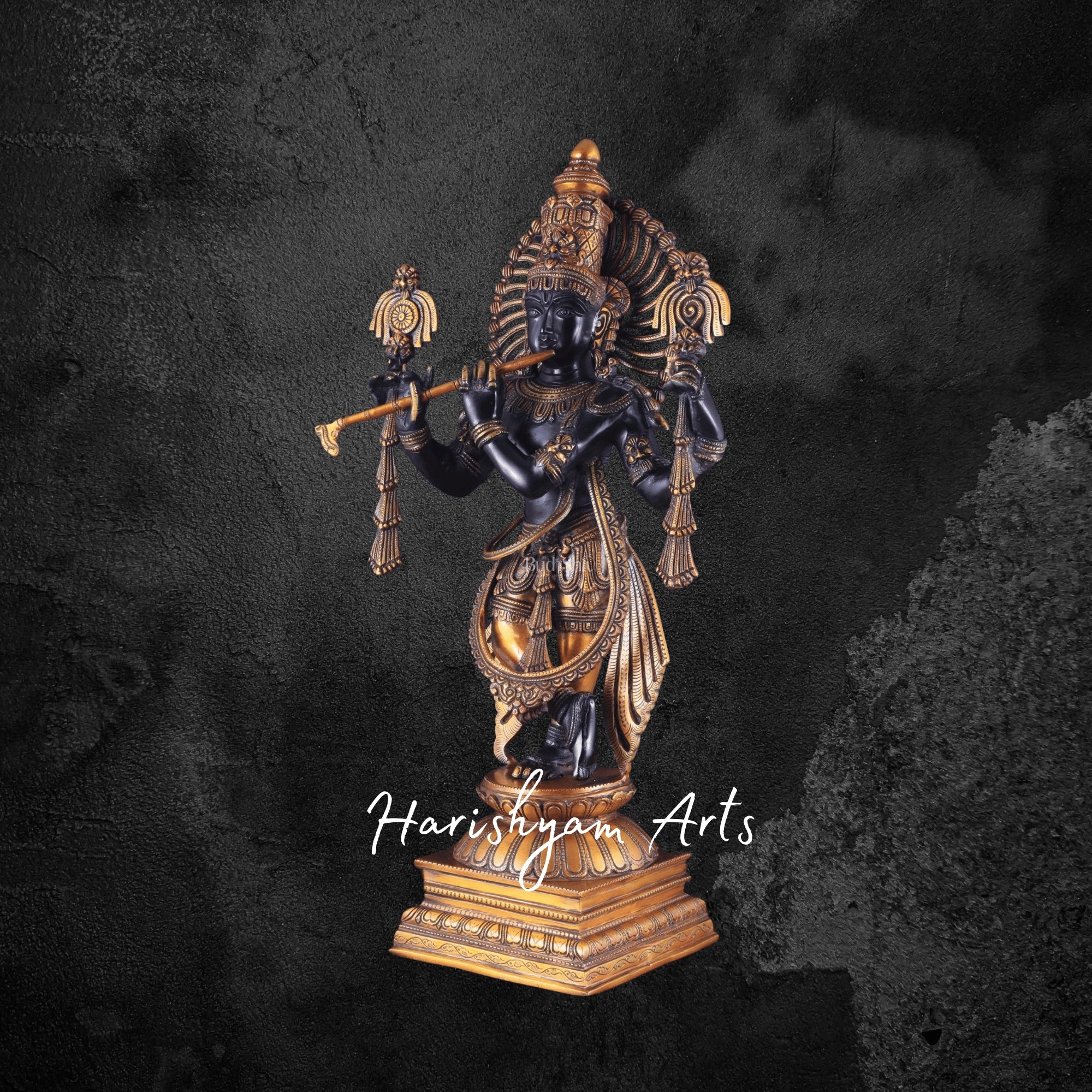 24" Brass Krishna in Vishnu Roopam Divine Four-Armed Sculpture