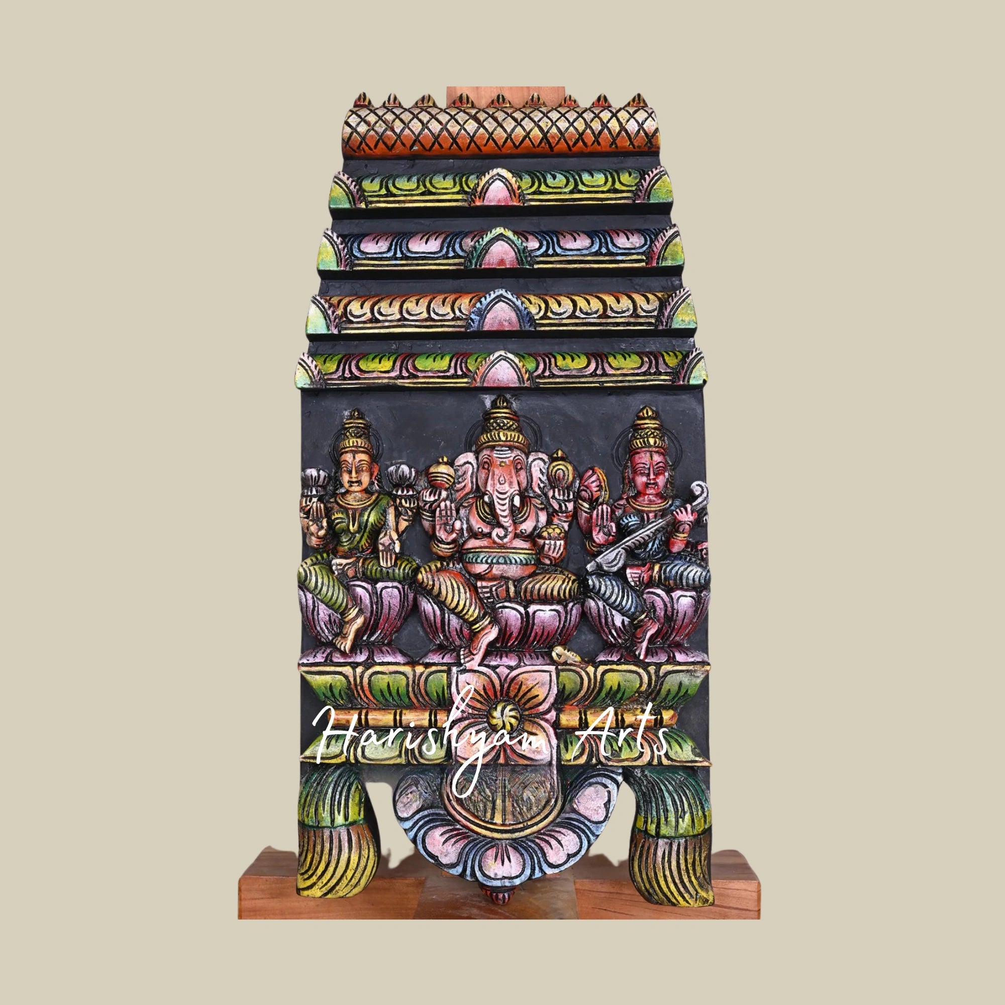 24" Colourful Gopuram Design Wooden Lord Ganesh Kavadi with Goddess Mahalakshmi and Saraswati