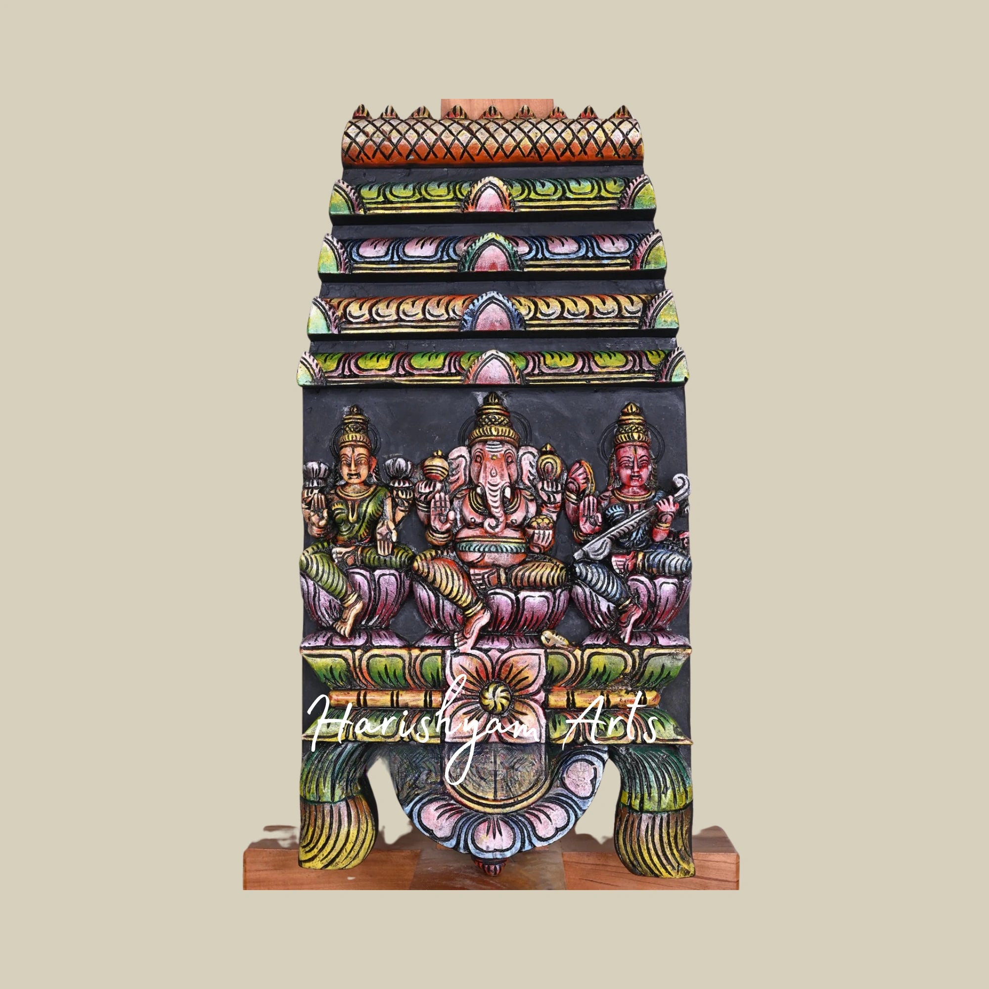 24" Colourful Gopuram Design Wooden Lord Ganesh Kavadi with Goddess Mahalakshmi and Saraswati