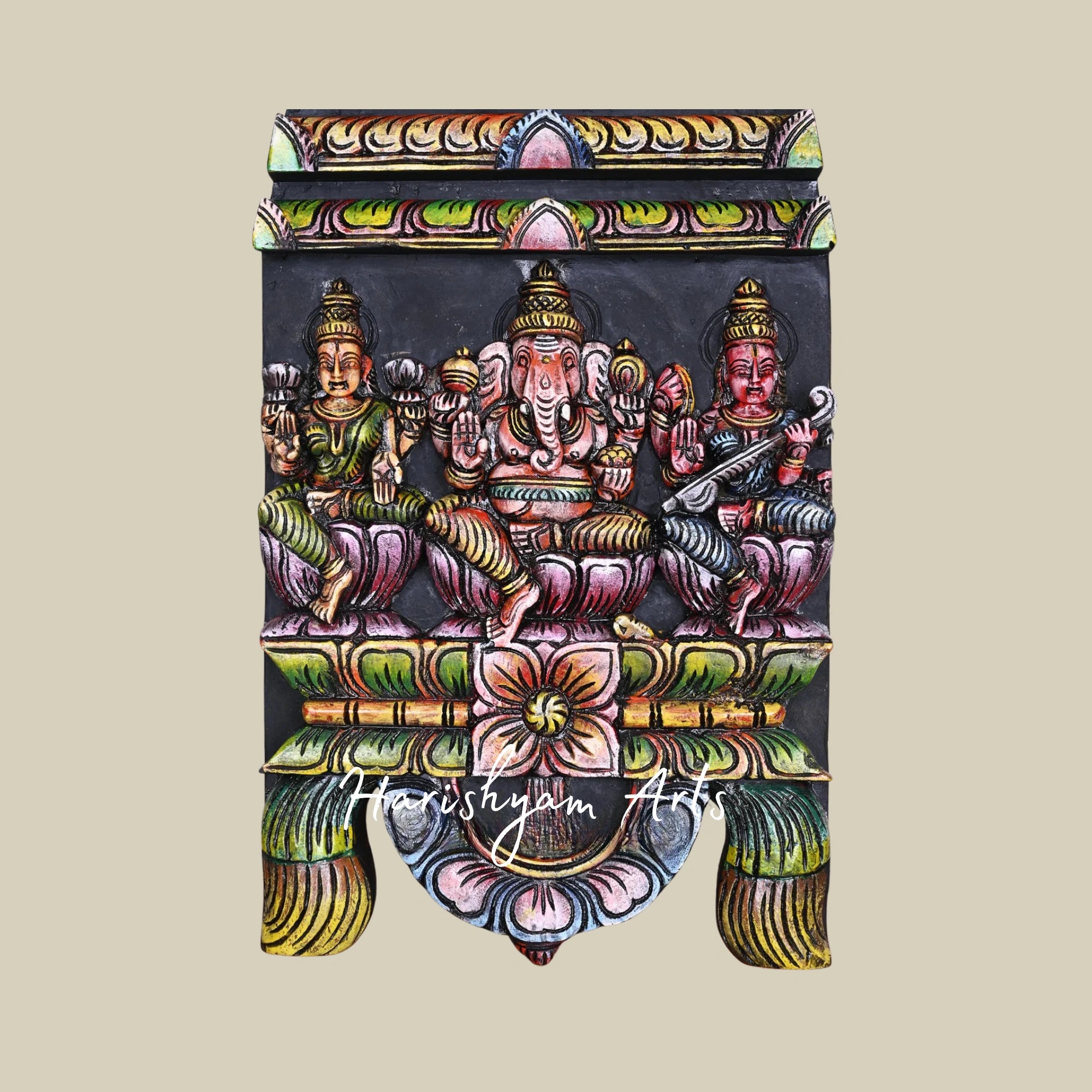 24" Colourful Gopuram Design Wooden Lord Ganesh Kavadi with Goddess Mahalakshmi and Saraswati