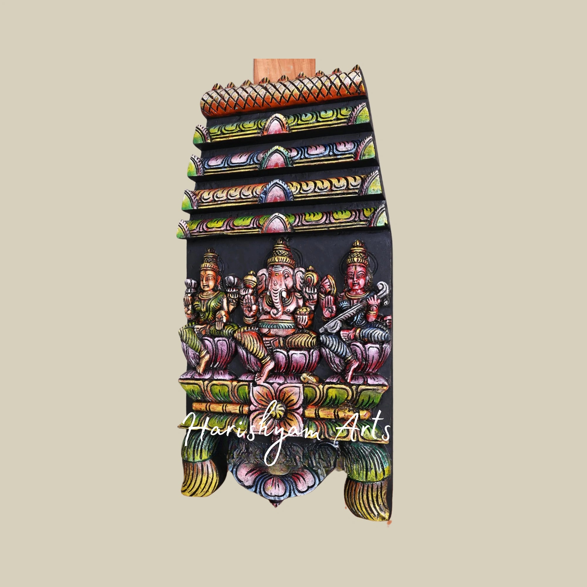 24" Colourful Gopuram Design Wooden Lord Ganesh Kavadi with Goddess Mahalakshmi and Saraswati