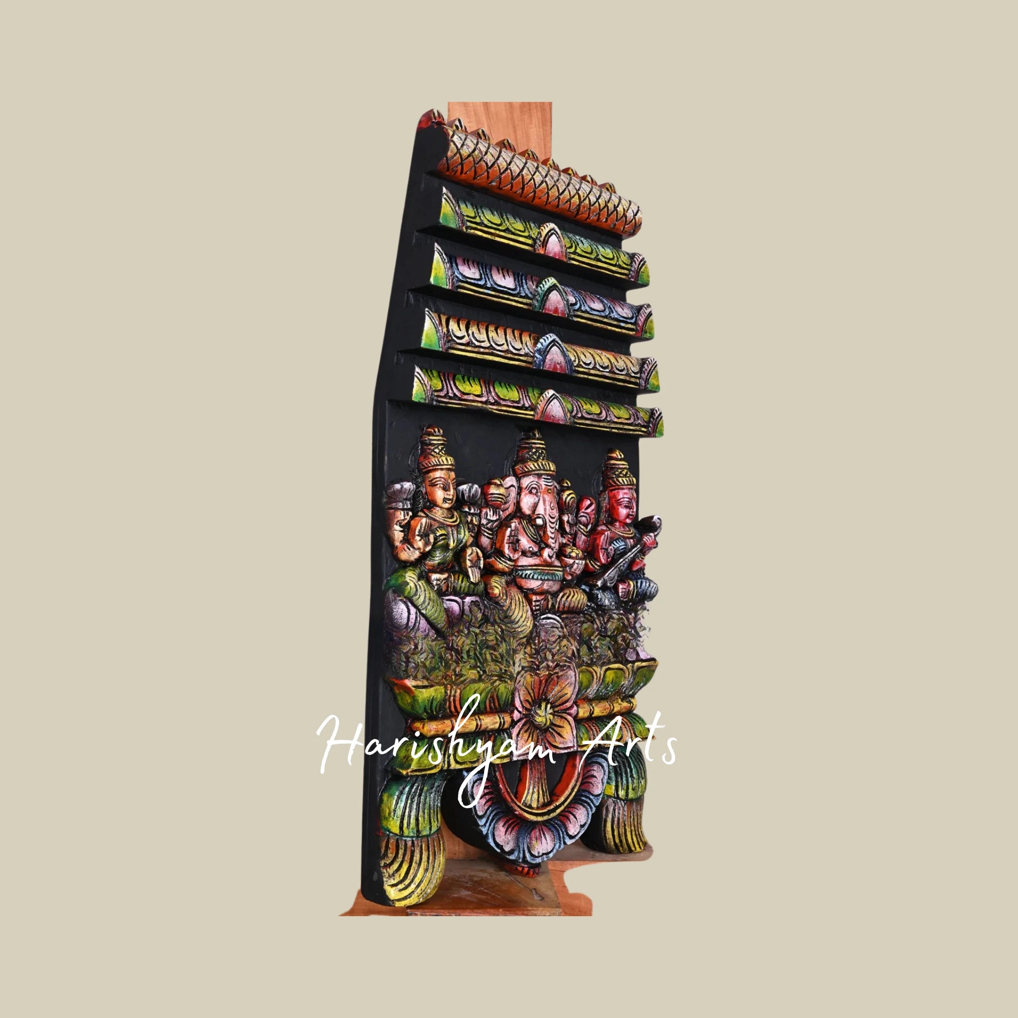 24" Colourful Gopuram Design Wooden Lord Ganesh Kavadi with Goddess Mahalakshmi and Saraswati