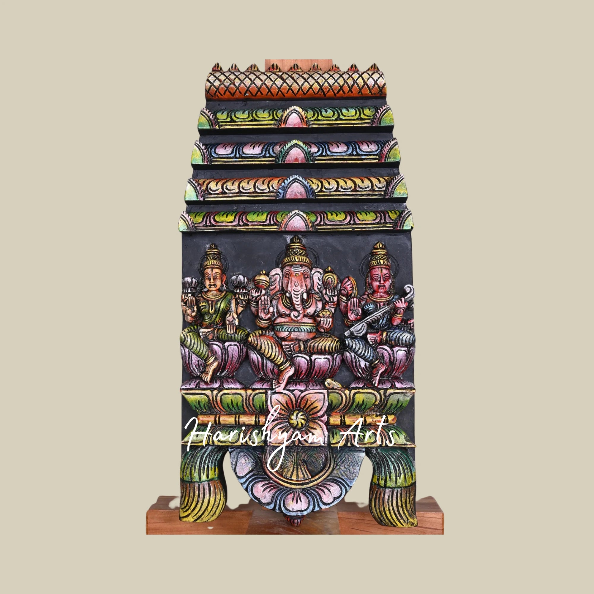 24" Colourful Gopuram Design Wooden Lord Ganesh Kavadi with Goddess Mahalakshmi and Saraswati
