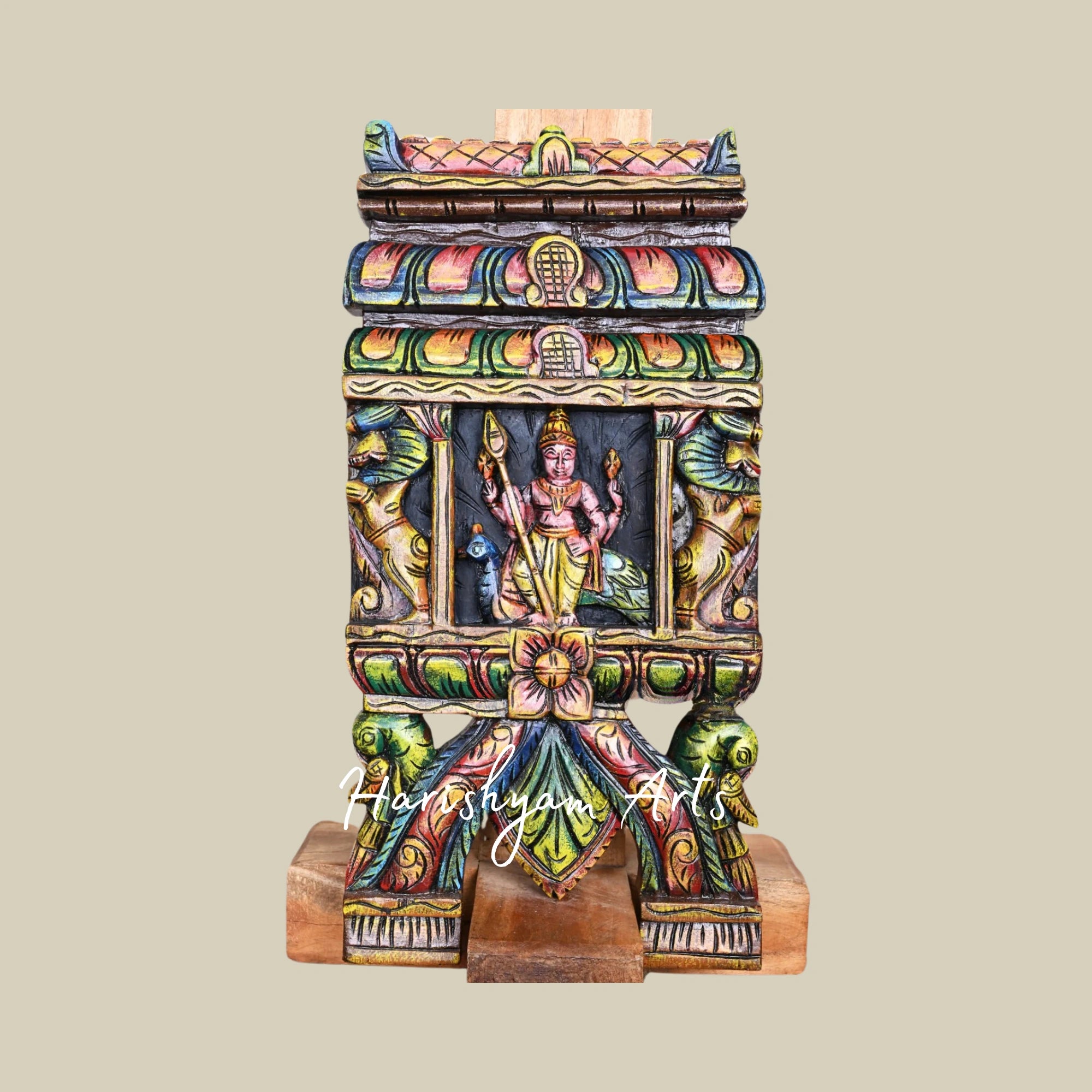 24" Colourful Wooden Lord Murugan Kavadi Standing with Velayutham, Paired Yaazhi, and Paired Parrots