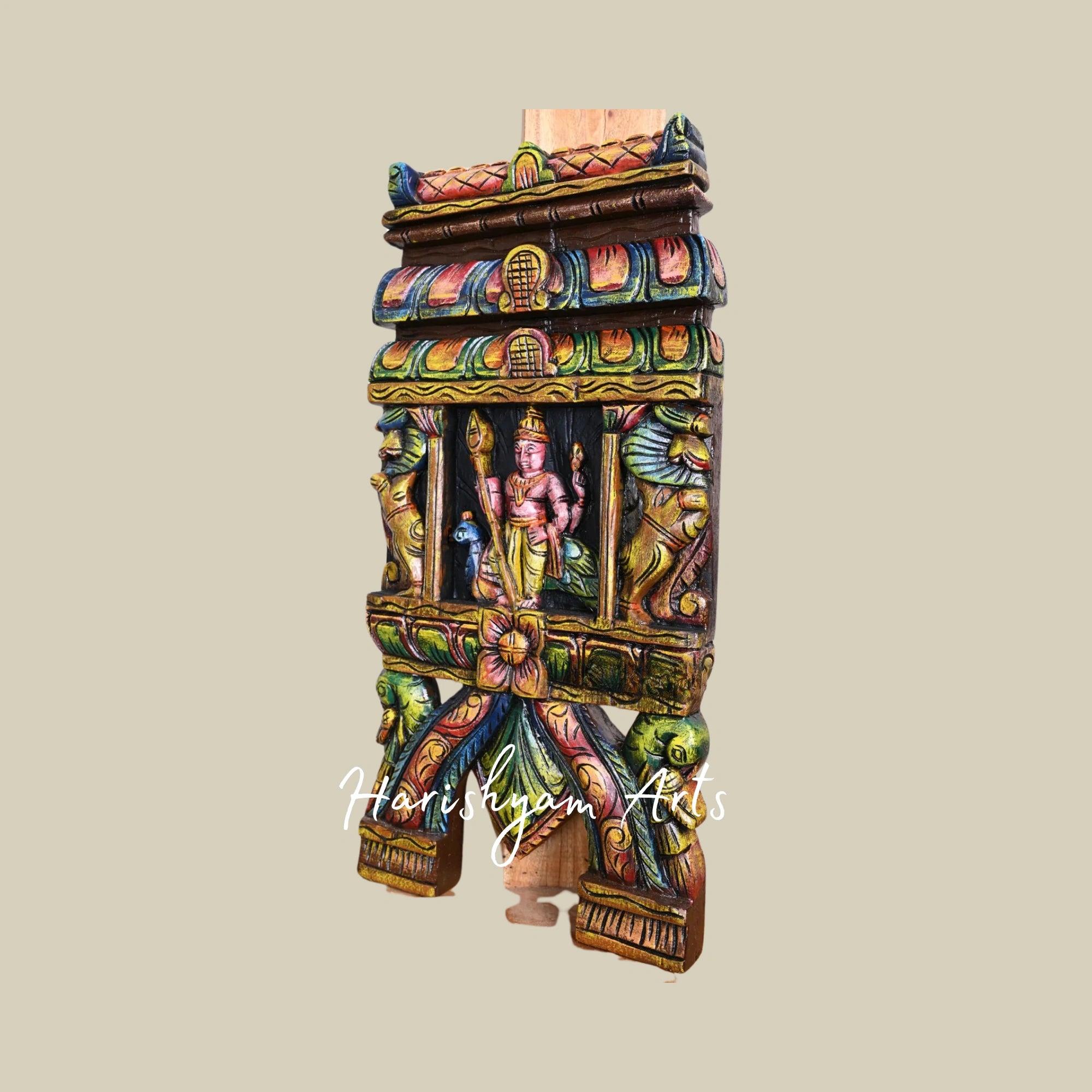 24" Colourful Wooden Lord Murugan Kavadi Standing with Velayutham, Paired Yaazhi, and Paired Parrots