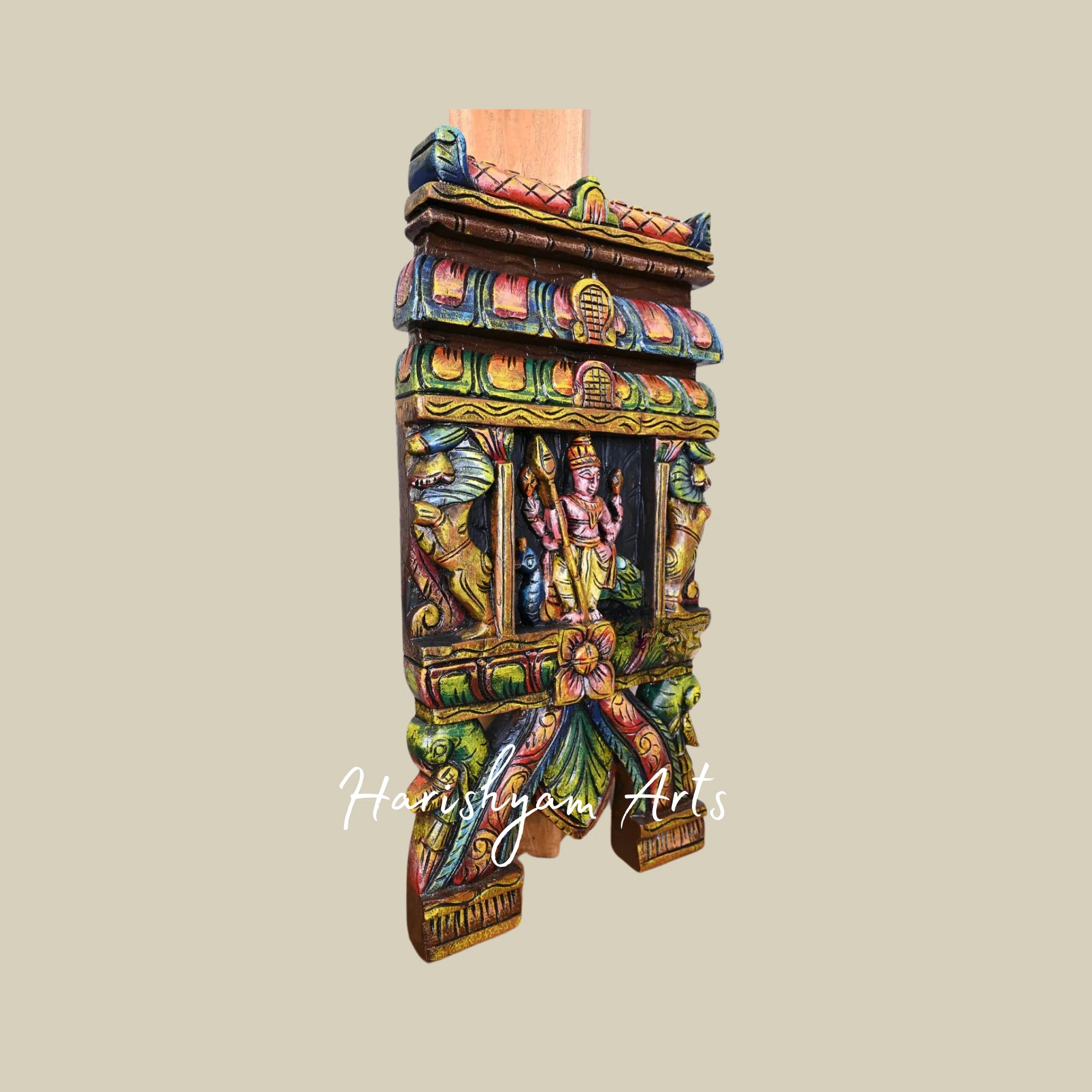 24" Colourful Wooden Lord Murugan Kavadi Standing with Velayutham, Paired Yaazhi, and Paired Parrots