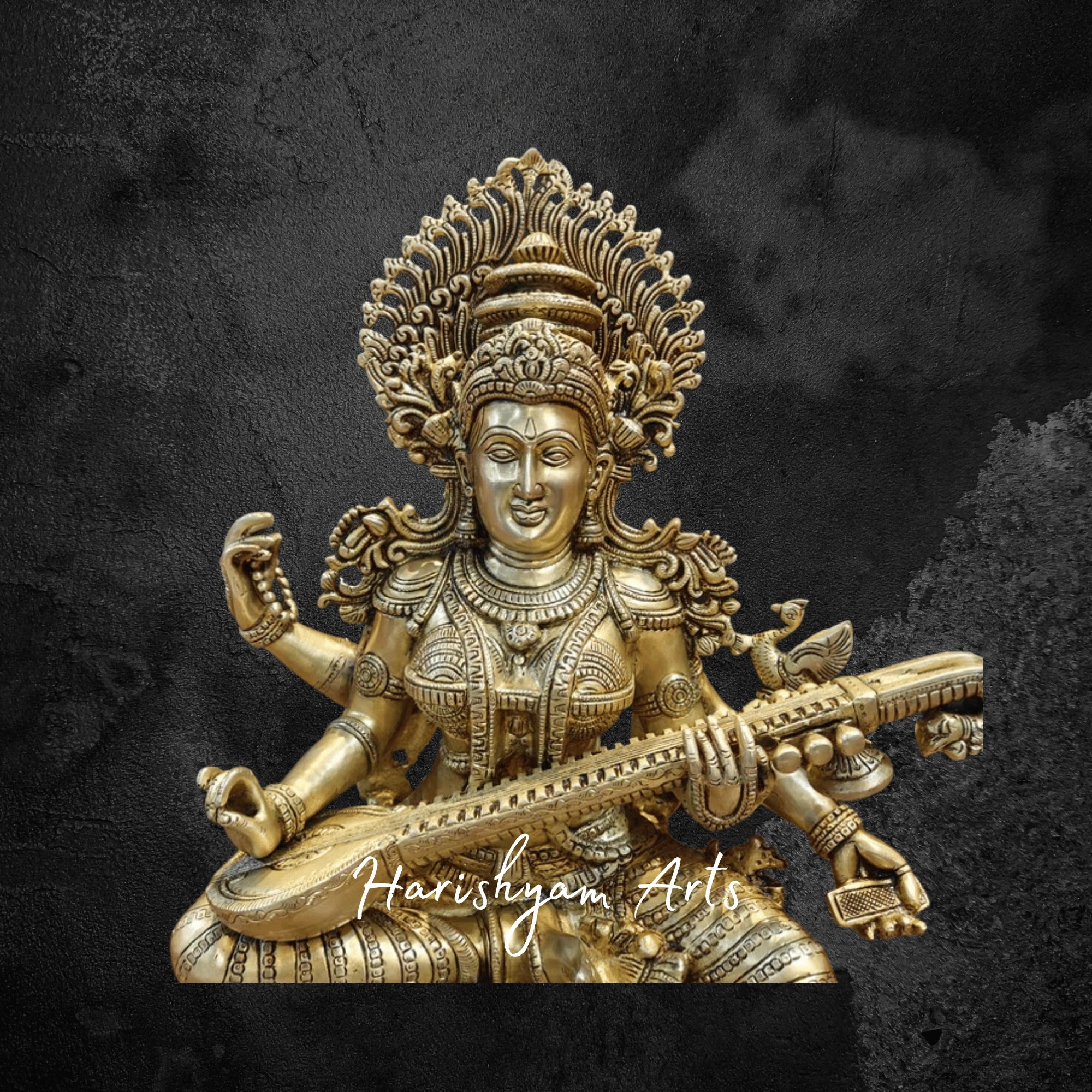 24" Divine Brass Idol of Goddess Saraswati Superfine Artistry for Worship