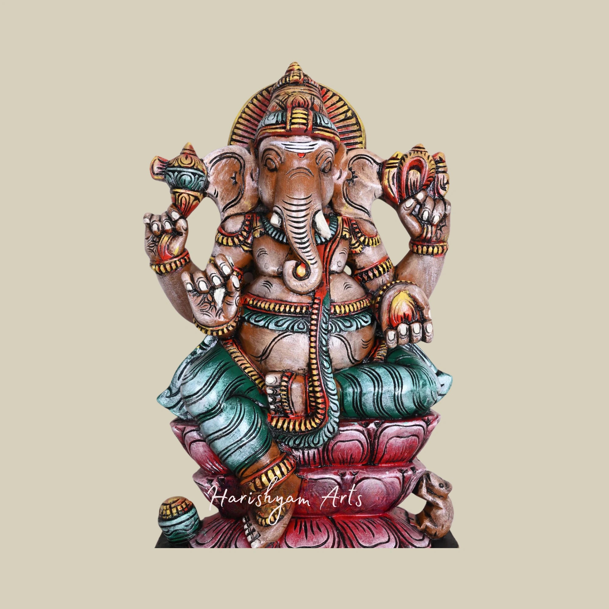 24" Double Lotus Seated Mangala Raja Ganesha with Modak Handcrafted Wooden idol
