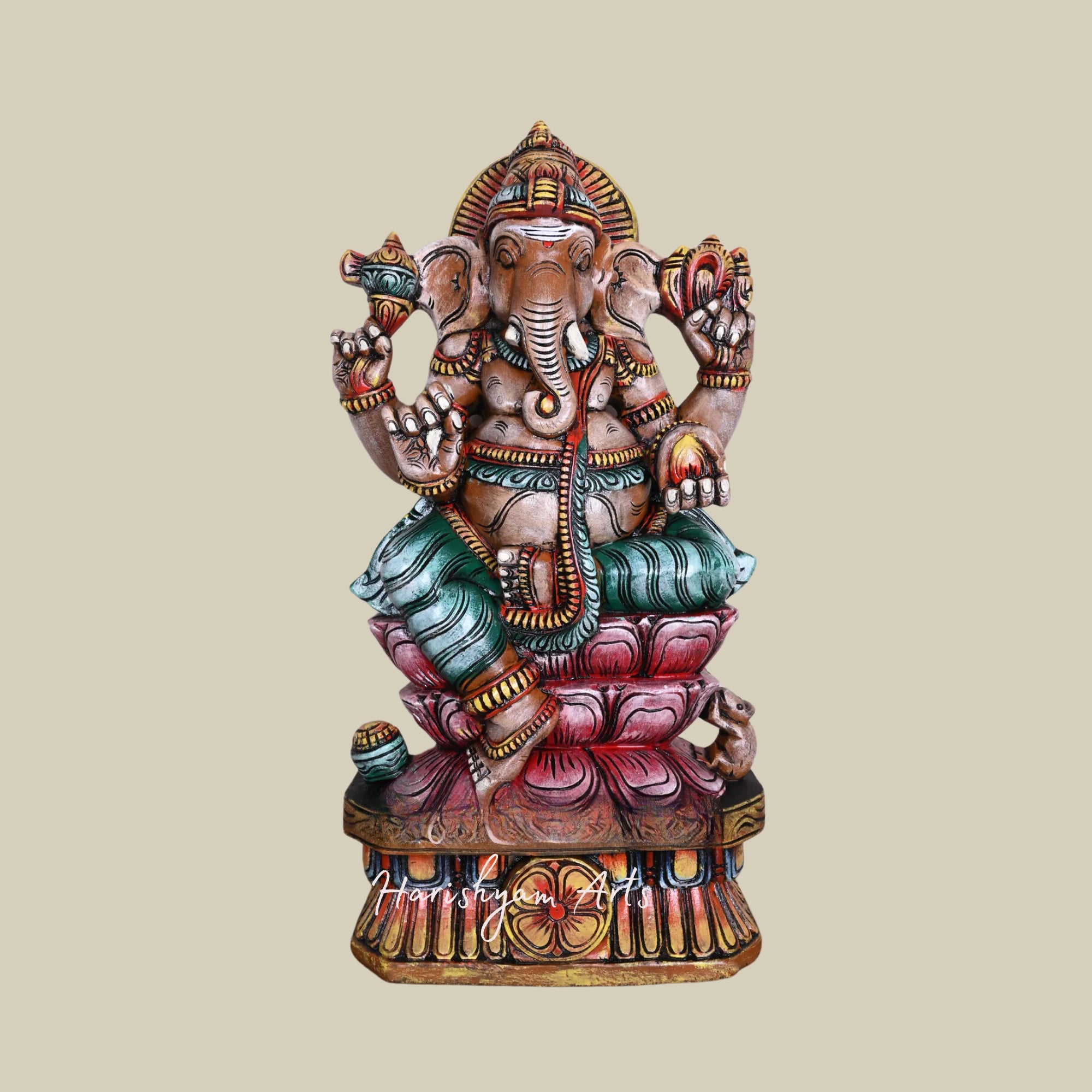 24" Double Lotus Seated Mangala Raja Ganesha with Modak Handcrafted Wooden idol1