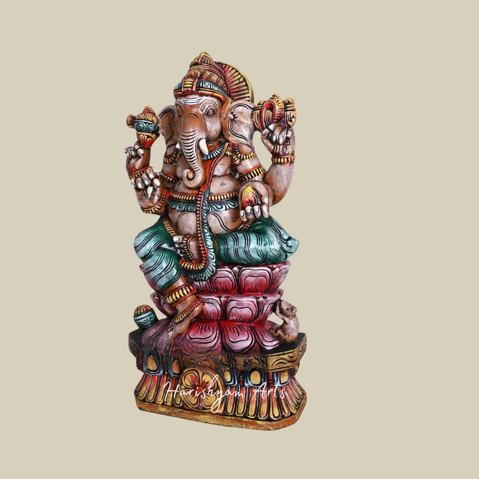 24" Double Lotus Seated Mangala Raja Ganesha with Modak Handcrafted Wooden idol2