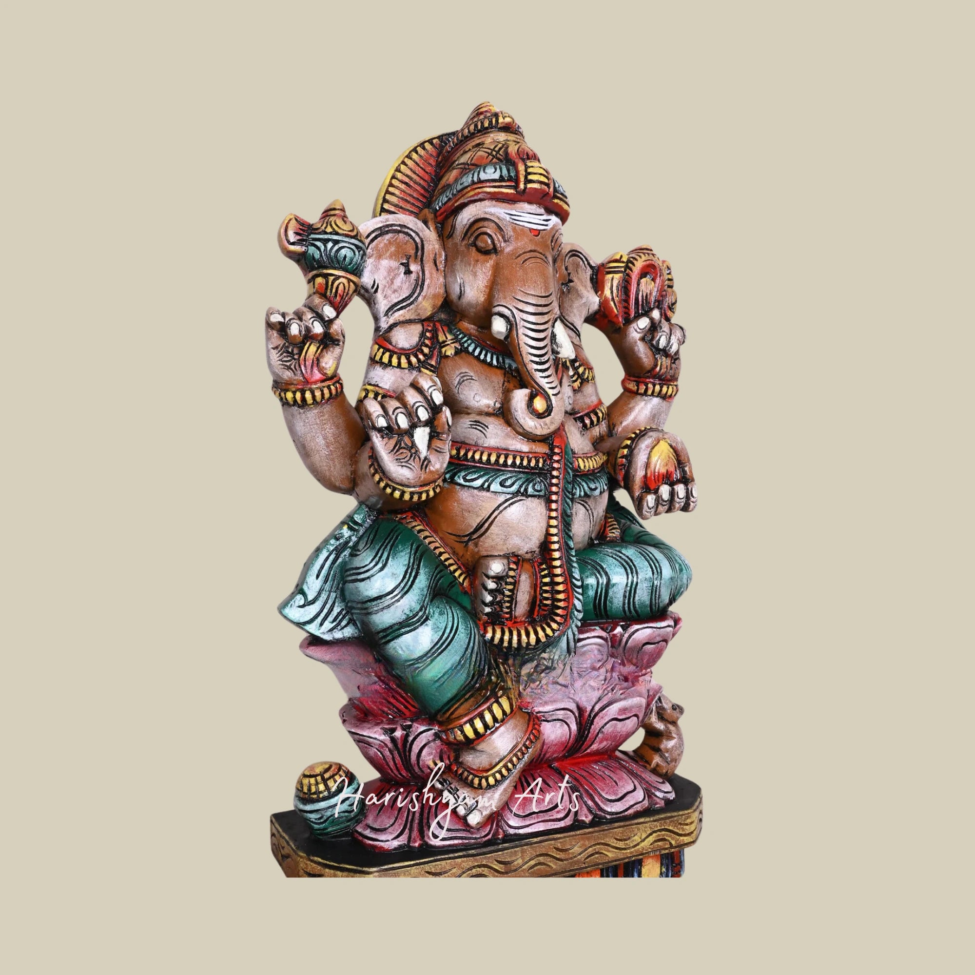 24" Double Lotus Seated Mangala Raja Ganesha with Modak Handcrafted Wooden idol3