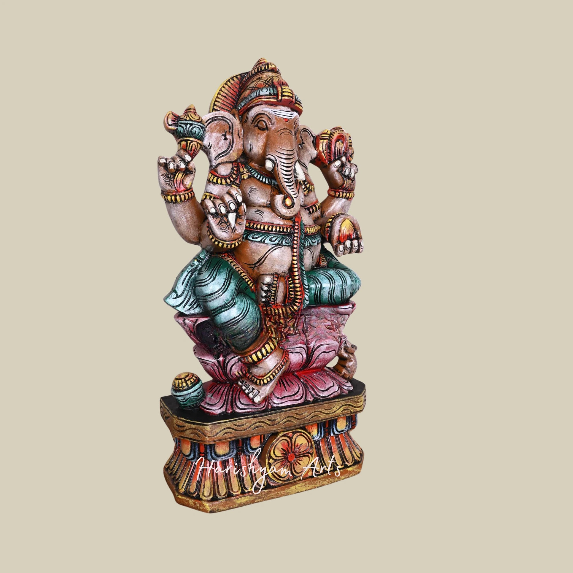 24" Double Lotus Seated Mangala Raja Ganesha with Modak Handcrafted Wooden idol4