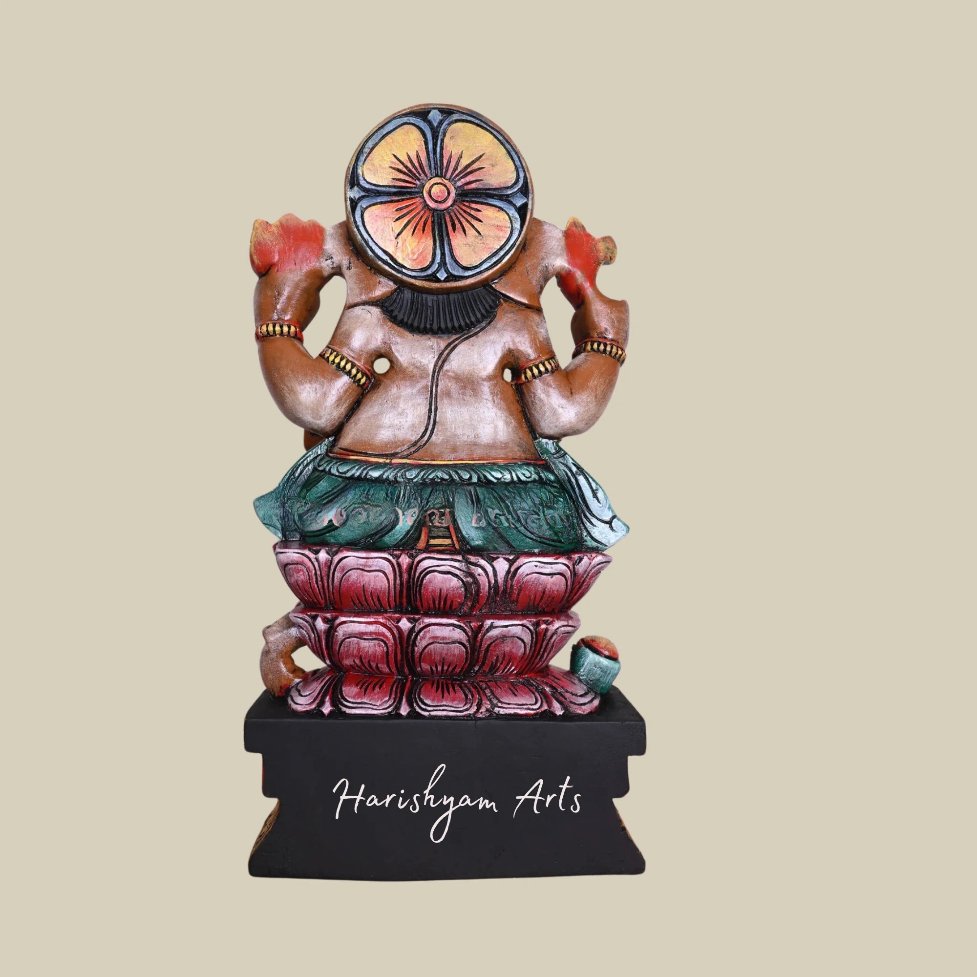 24" Double Lotus Seated Mangala Raja Ganesha with Modak Handcrafted Wooden idol5