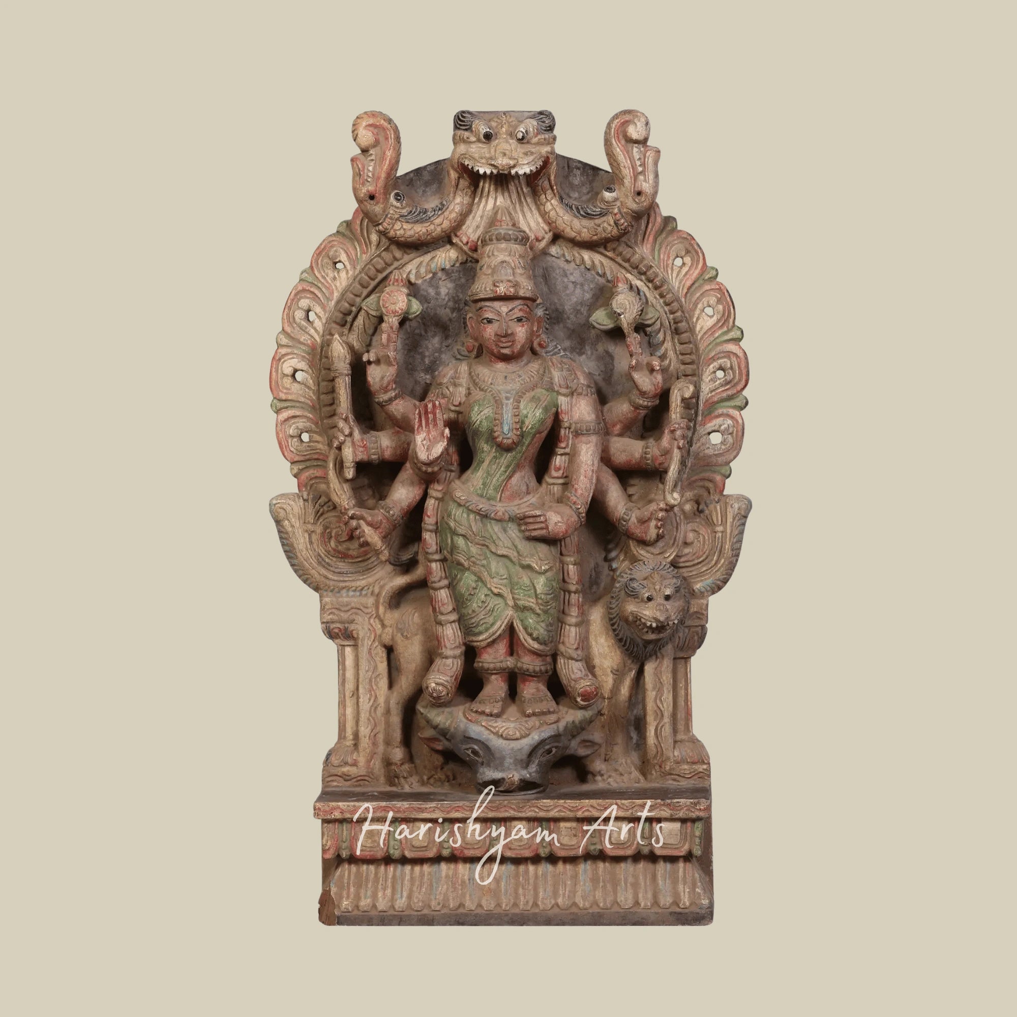 24" Eight-Armed Standing Durga Handcrafted Wooden Durga Idol for Temple Decor