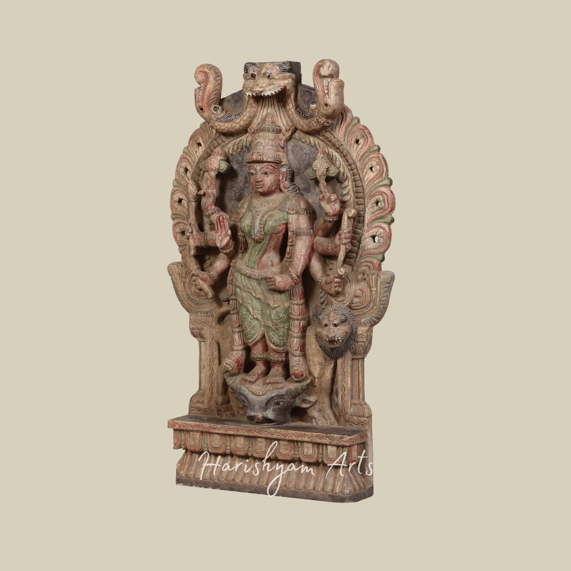 24" Eight-Armed Standing Durga Handcrafted Wooden Durga Idol for Temple Decor