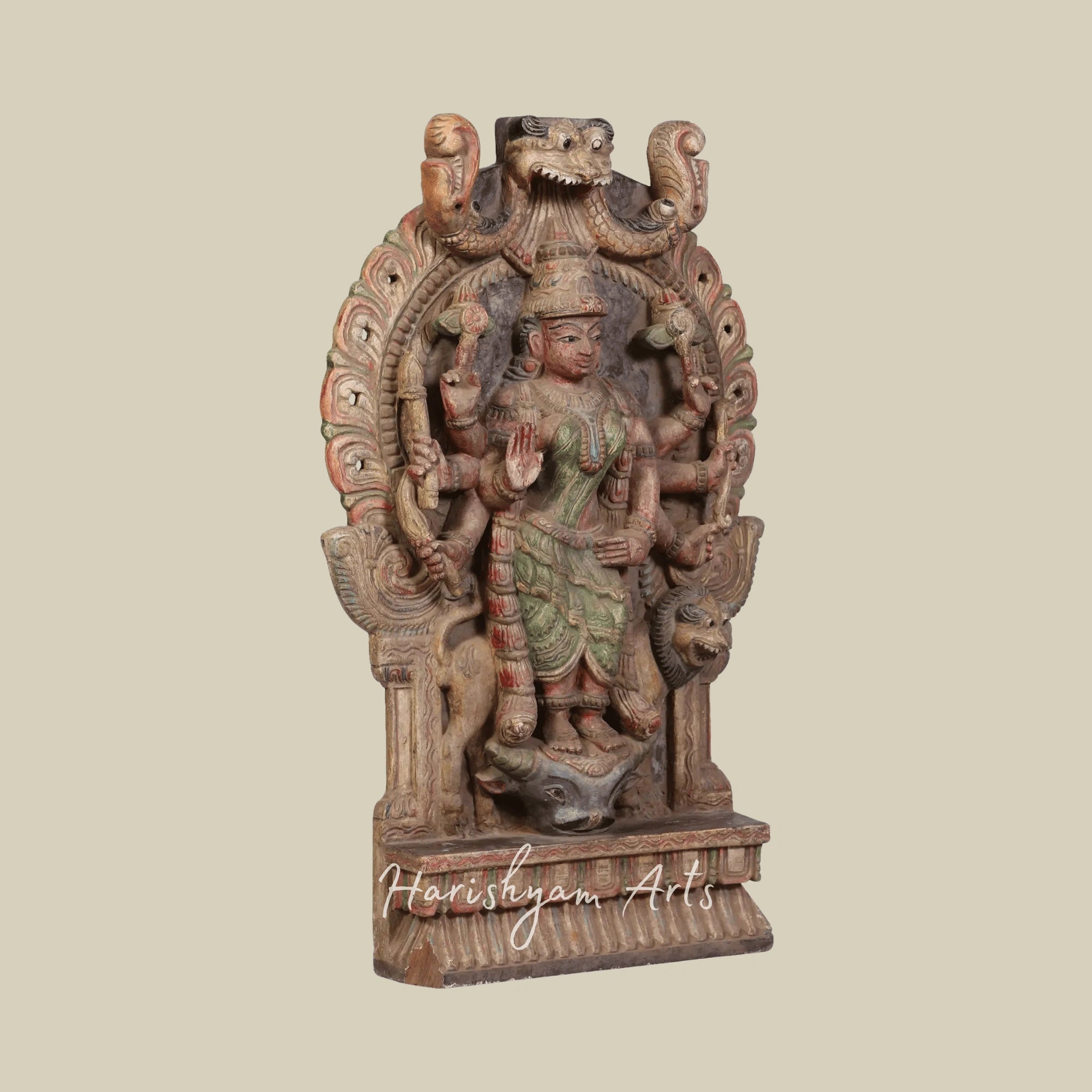 24" Eight-Armed Standing Durga Handcrafted Wooden Durga Idol for Temple Decor