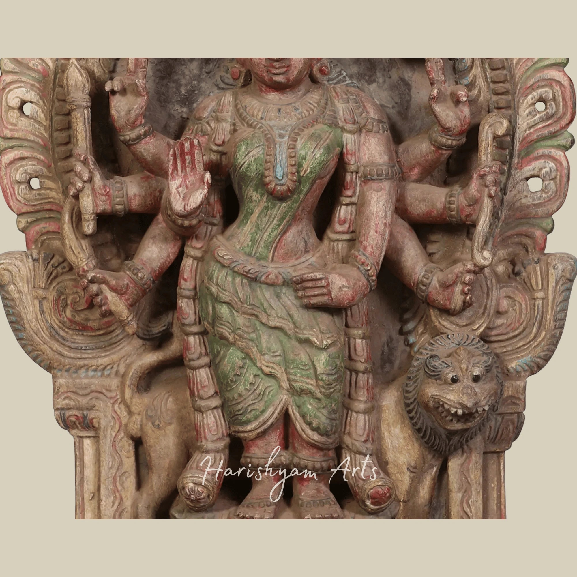 24" Eight-Armed Standing Durga Handcrafted Wooden Durga Idol for Temple Decor