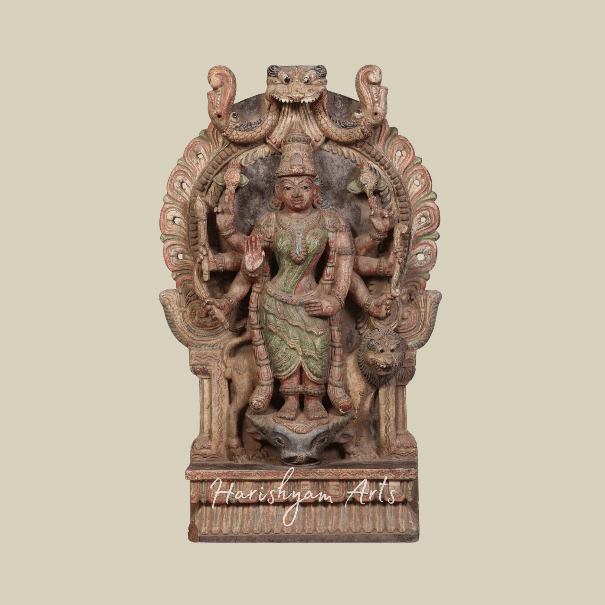 24" Eight-Armed Standing Durga Handcrafted Wooden Durga Idol for Temple Decor
