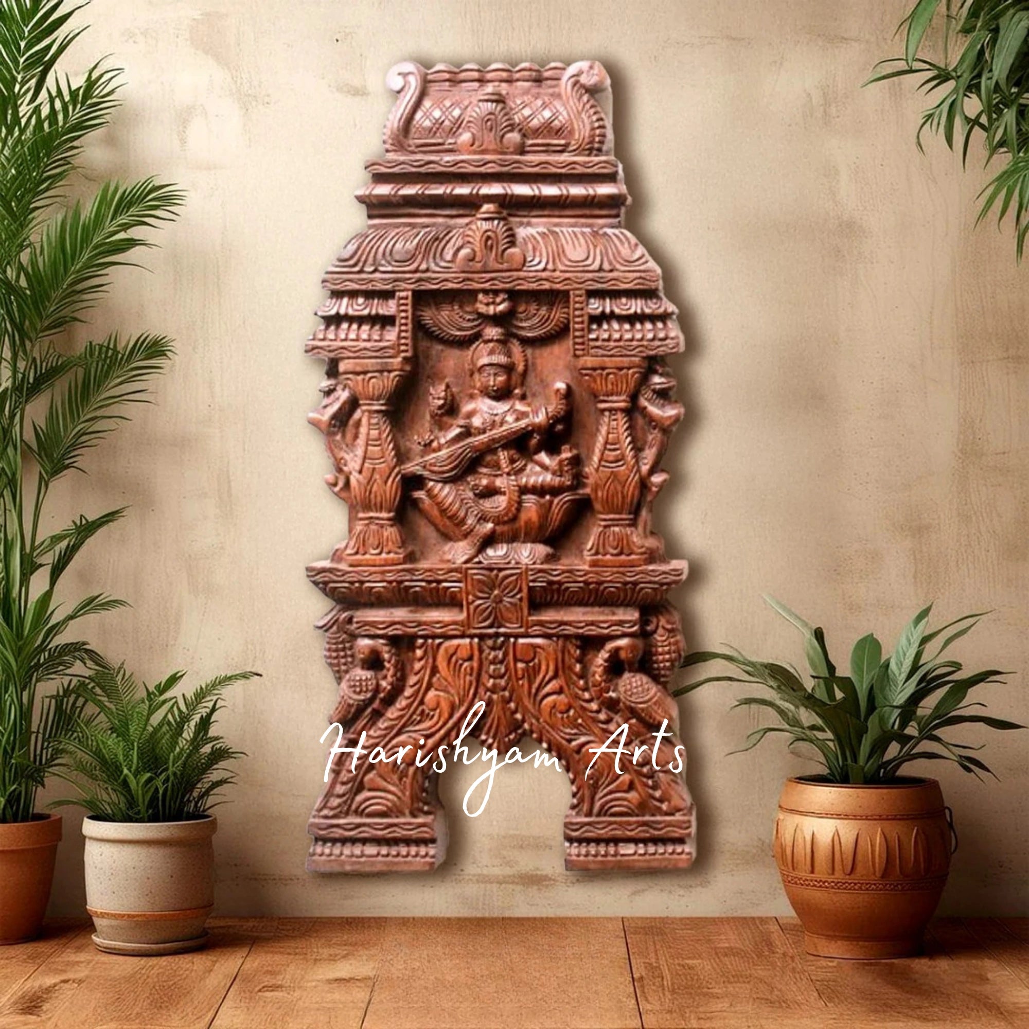 24" Exquisitely Hand-Carved Wooden Saraswati Kavadi Panel for Home and Temple