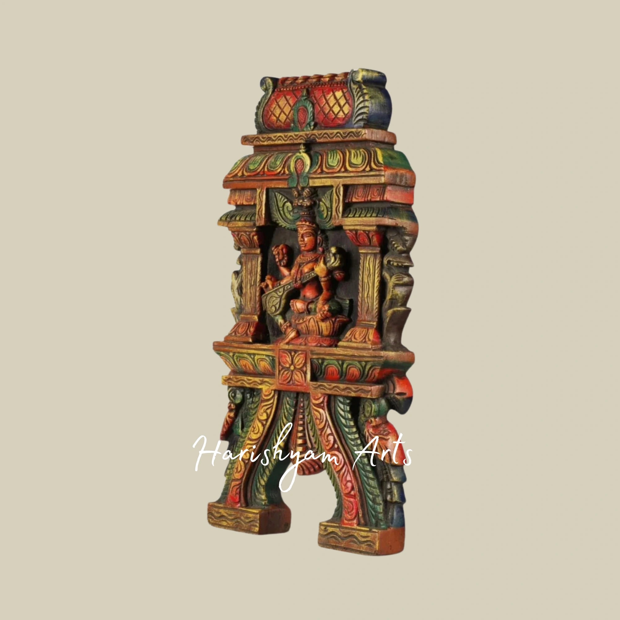 24" Exquisitely Hand-Carved Wooden Saraswati Kavadi Panel for Home and Temple
