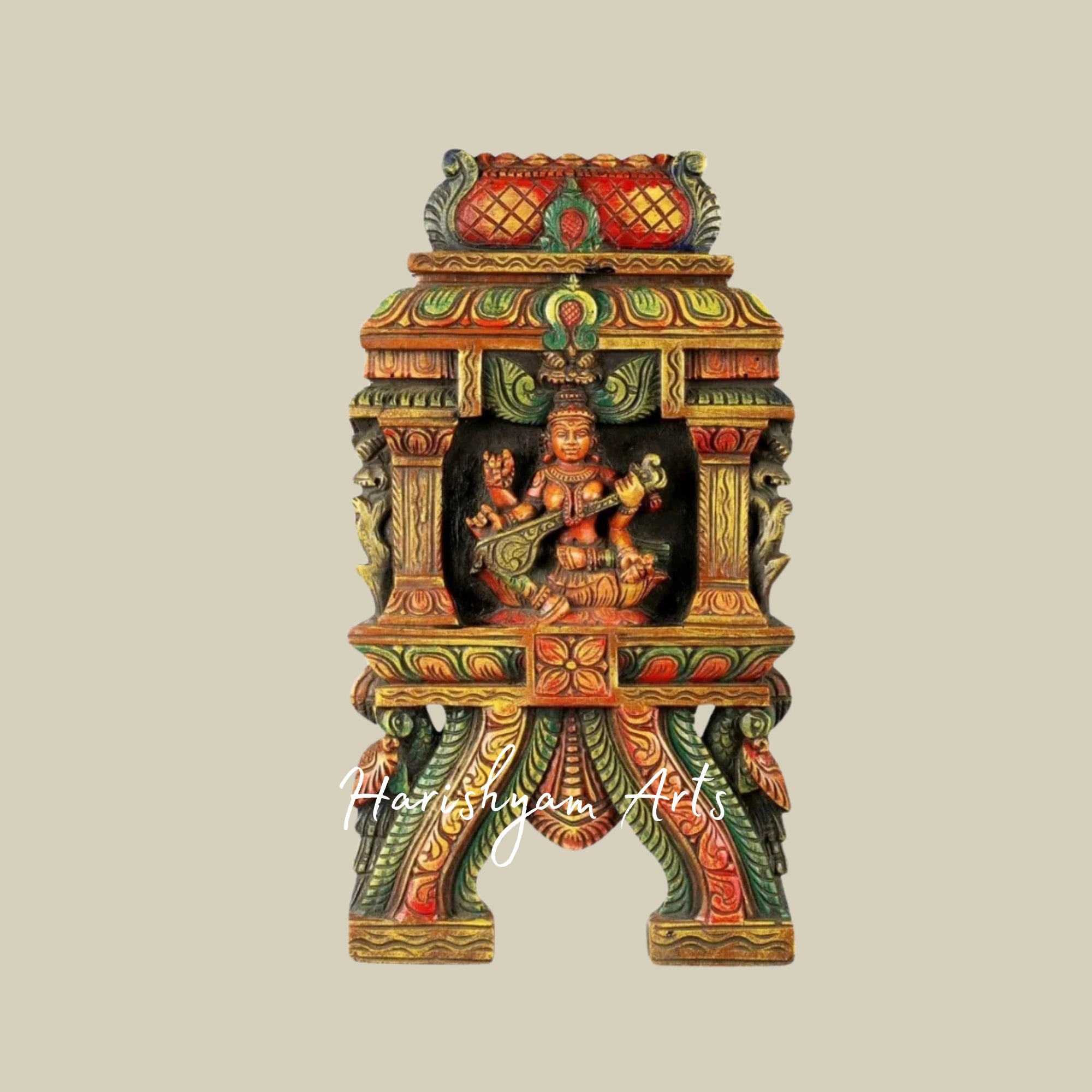 24" Exquisitely Hand-Carved Wooden Saraswati Kavadi Panel for Home and Temple