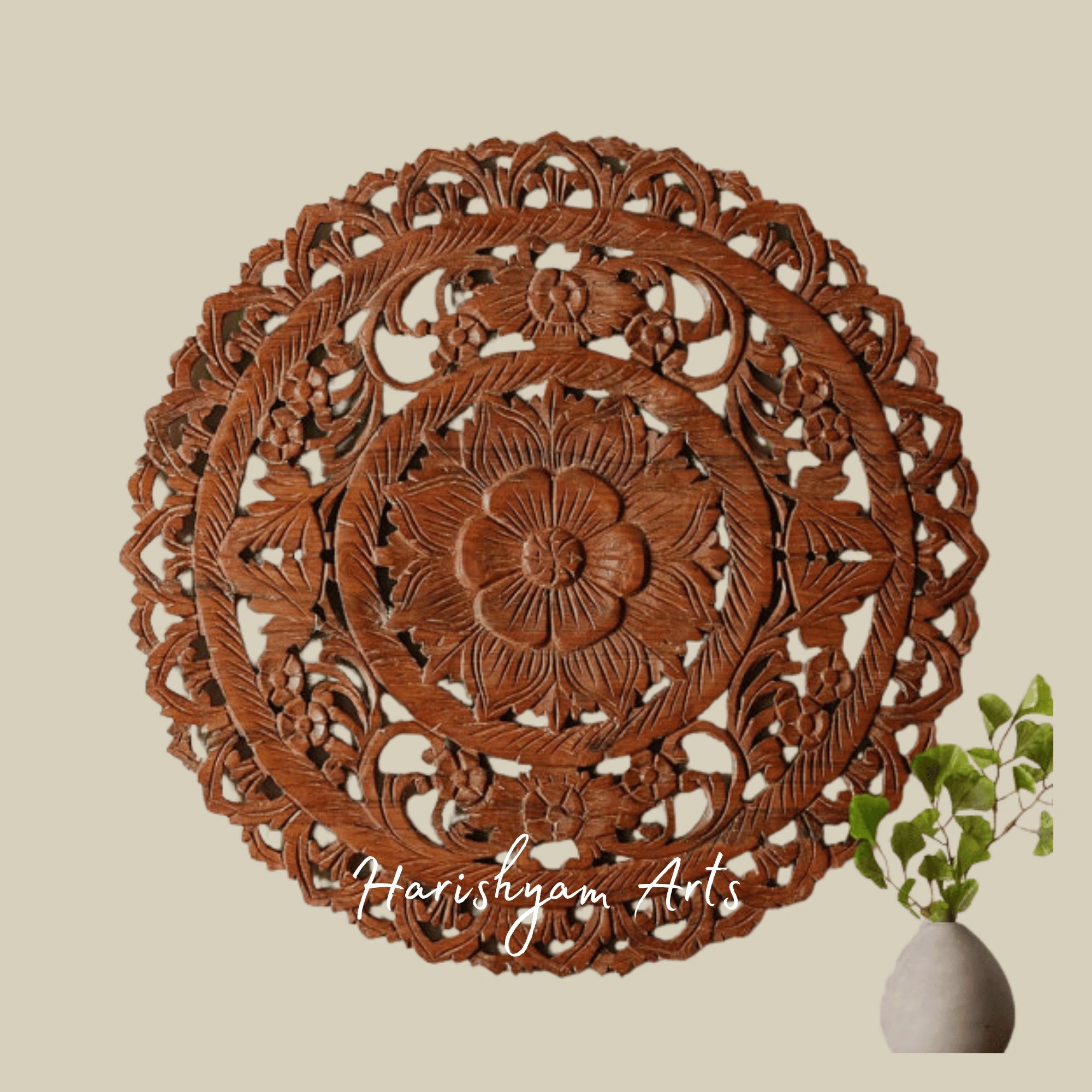 24" Floral Round Carved Wood Wall Hanging Artisan Made