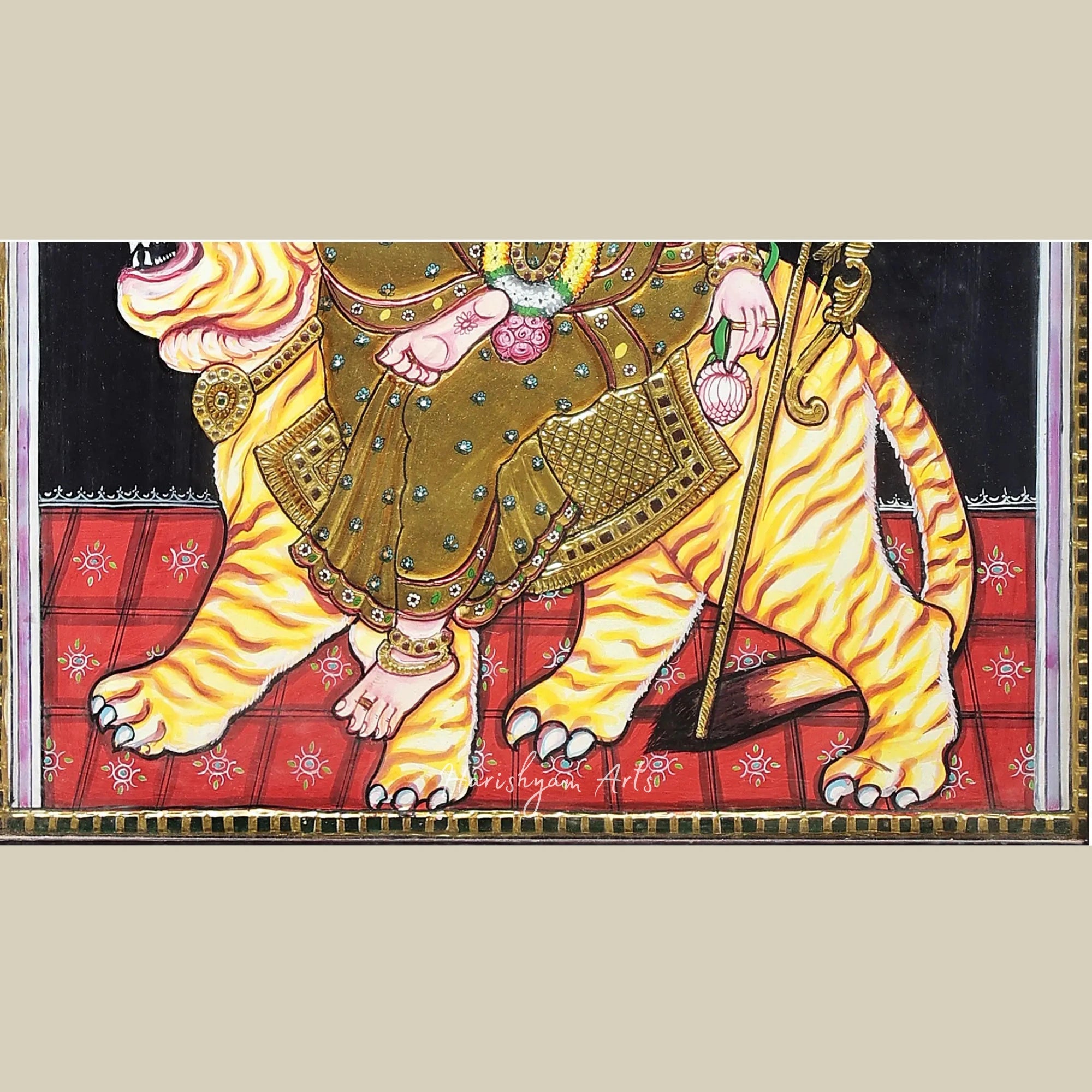 24" Framed Durga Tanjore Painting with Exquisite Details and 24K Gold Highlights