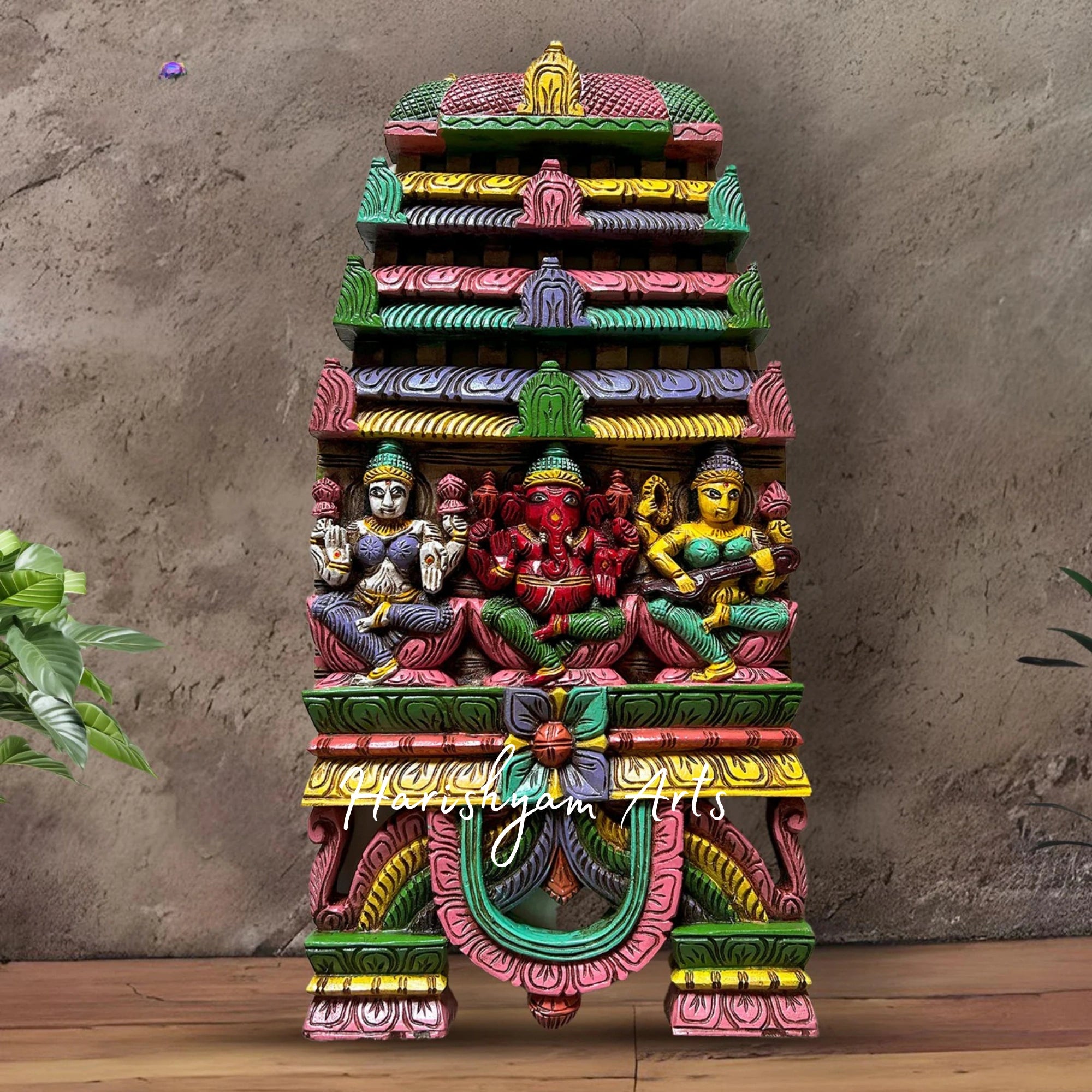 24" Hand-Carved Wooden Ganesha, Lakshmi, and Saraswati Kavadi Panel for Home and Temple