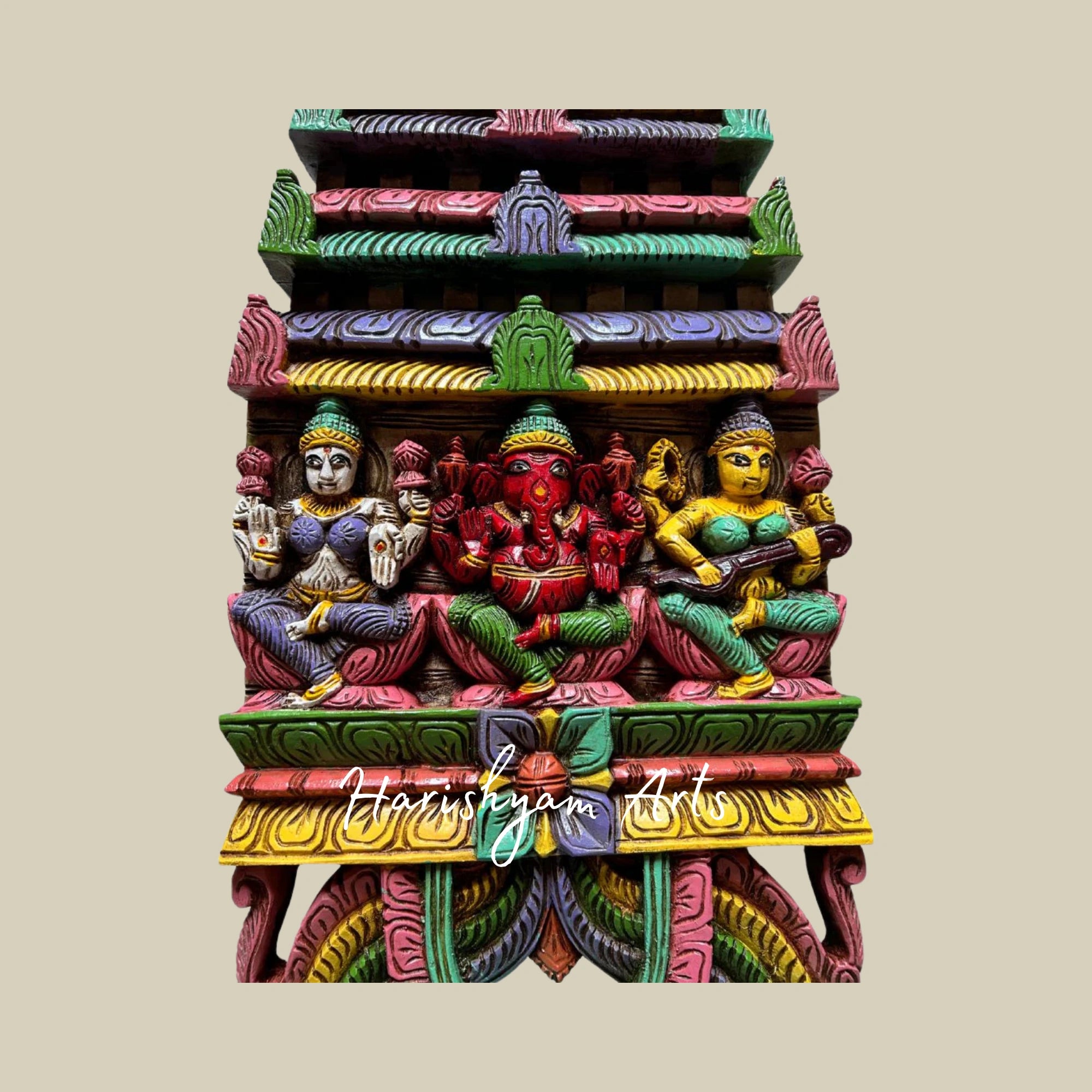 24" Hand-Carved Wooden Ganesha, Lakshmi, and Saraswati Kavadi Panel for Home and Temple