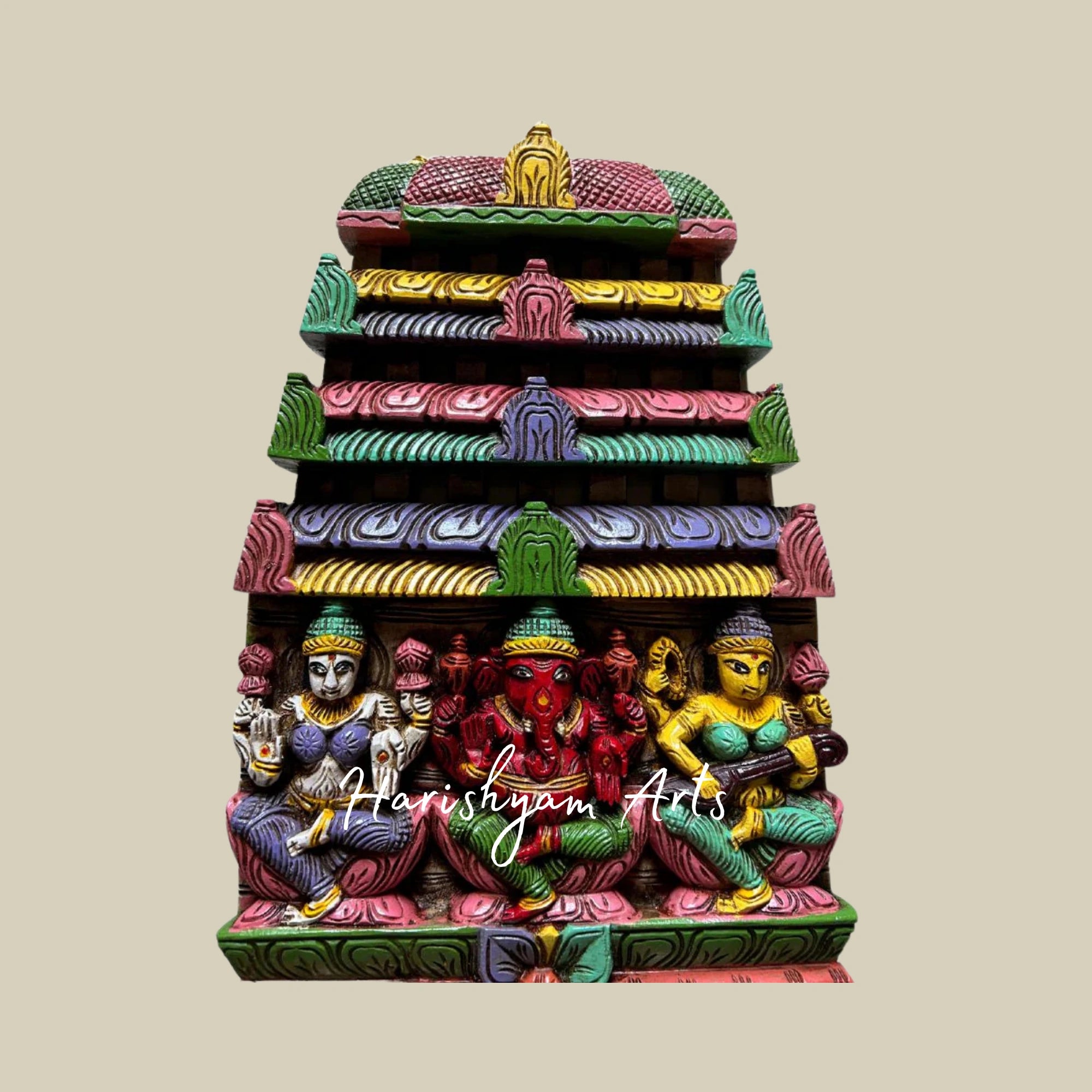 24" Hand-Carved Wooden Ganesha, Lakshmi, and Saraswati Kavadi Panel for Home and Temple
