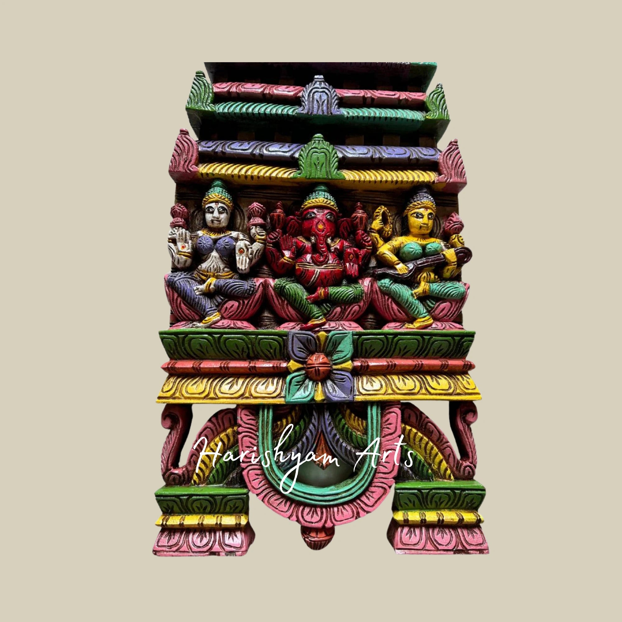 24" Hand-Carved Wooden Ganesha, Lakshmi, and Saraswati Kavadi Panel for Home and Temple