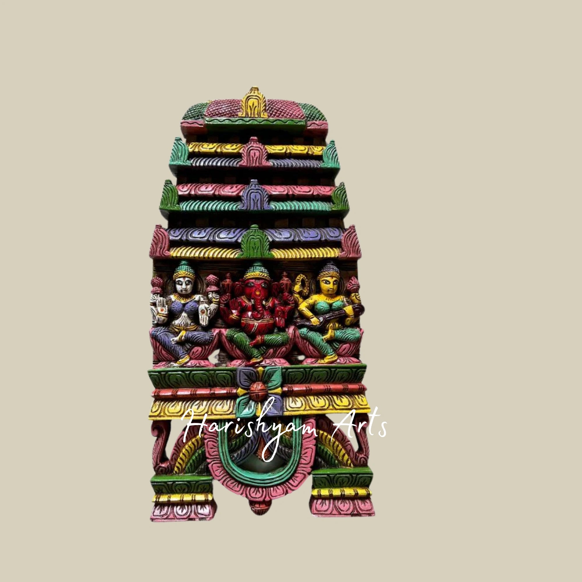 24" Hand-Carved Wooden Ganesha, Lakshmi, and Saraswati Kavadi Panel for Home and Temple