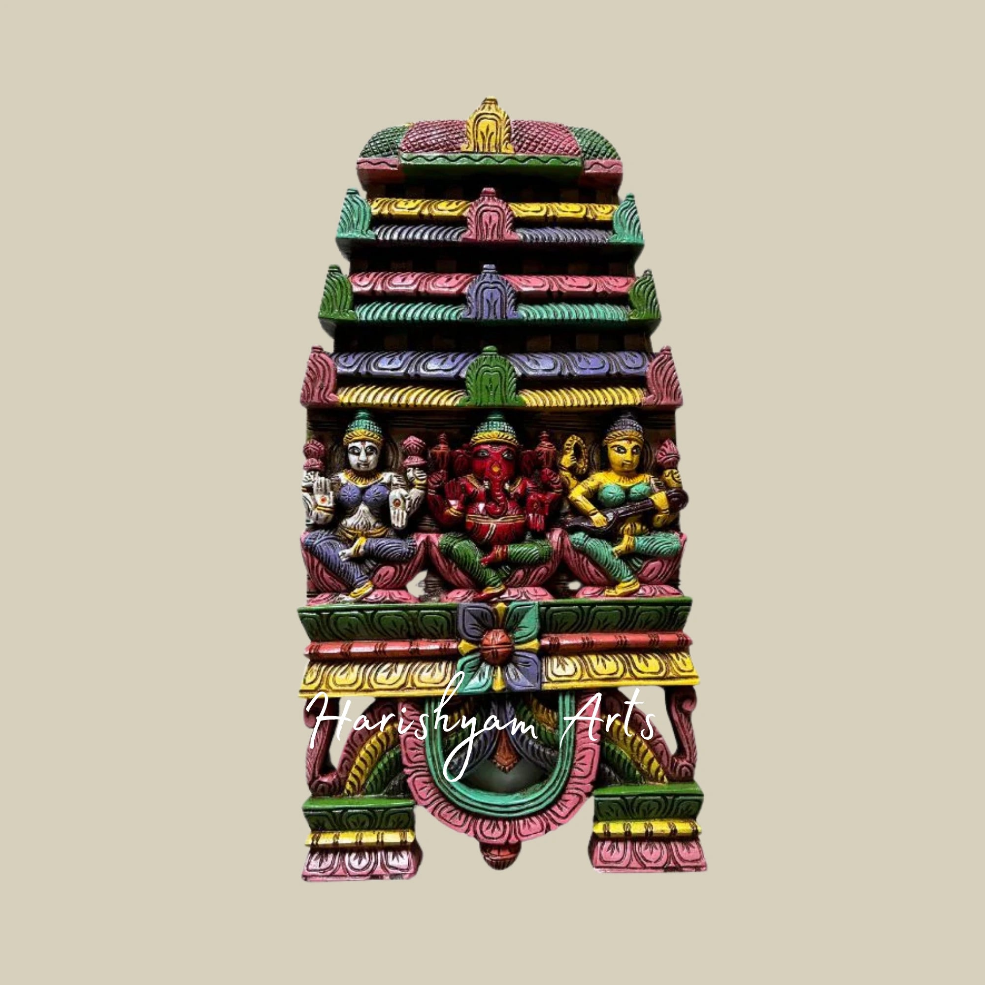 24" Hand-Carved Wooden Ganesha, Lakshmi, and Saraswati Kavadi Panel for Home and Temple