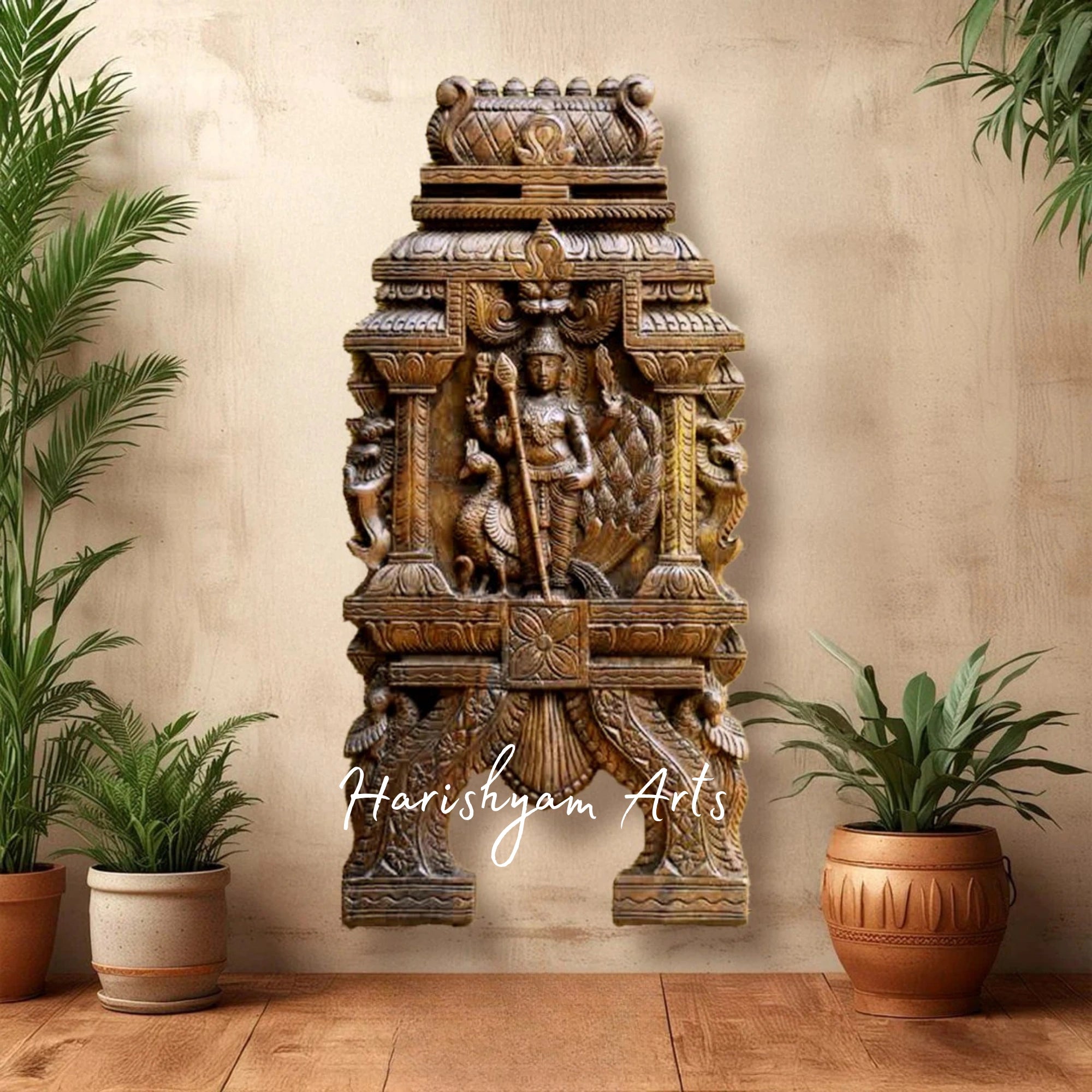 24" Hand Carved Wooden Lord Murugan Kavadi Panel with Intricate Detailing