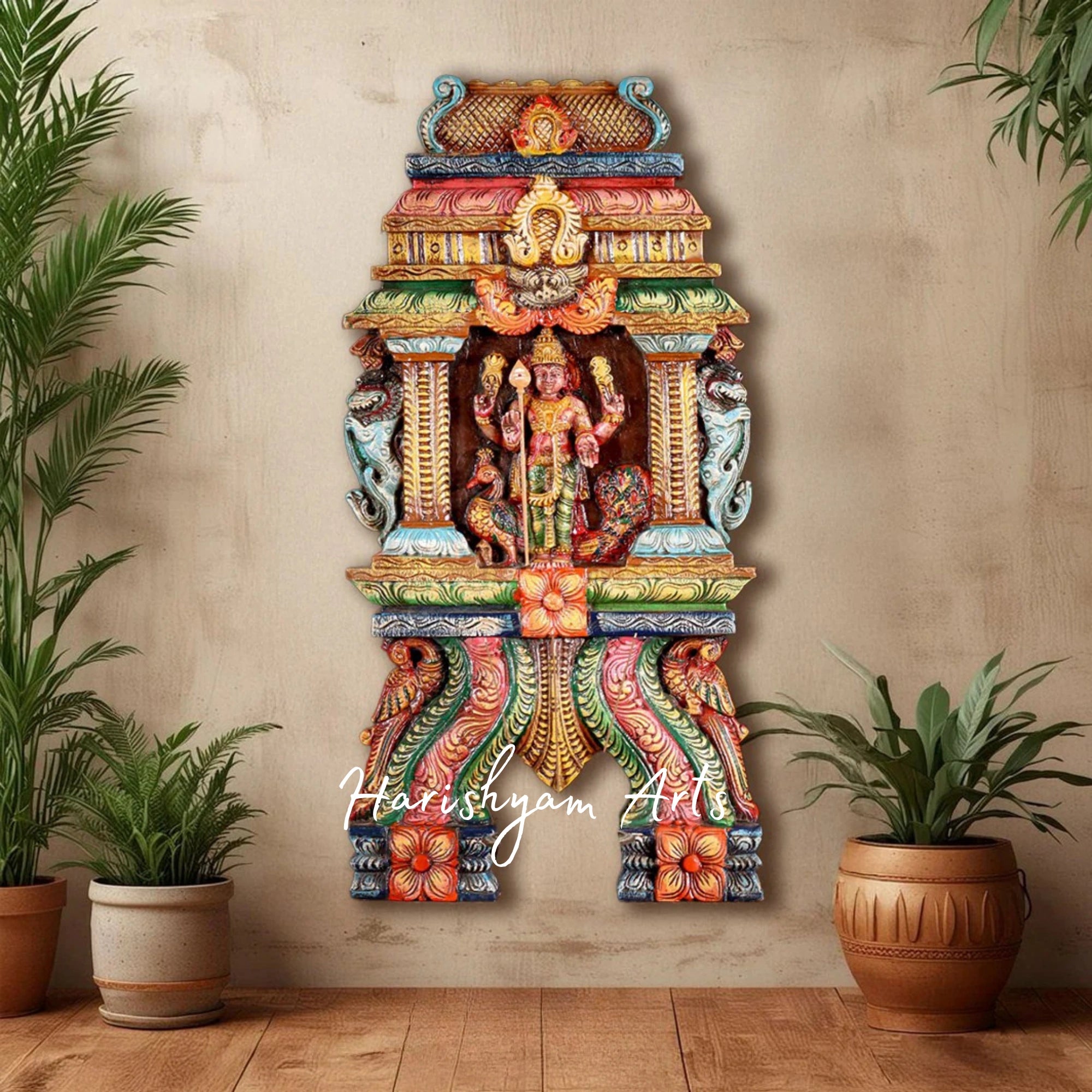24" Hand Carved Wooden Lord Murugan Kavadi Panel with Intricate Detailing
