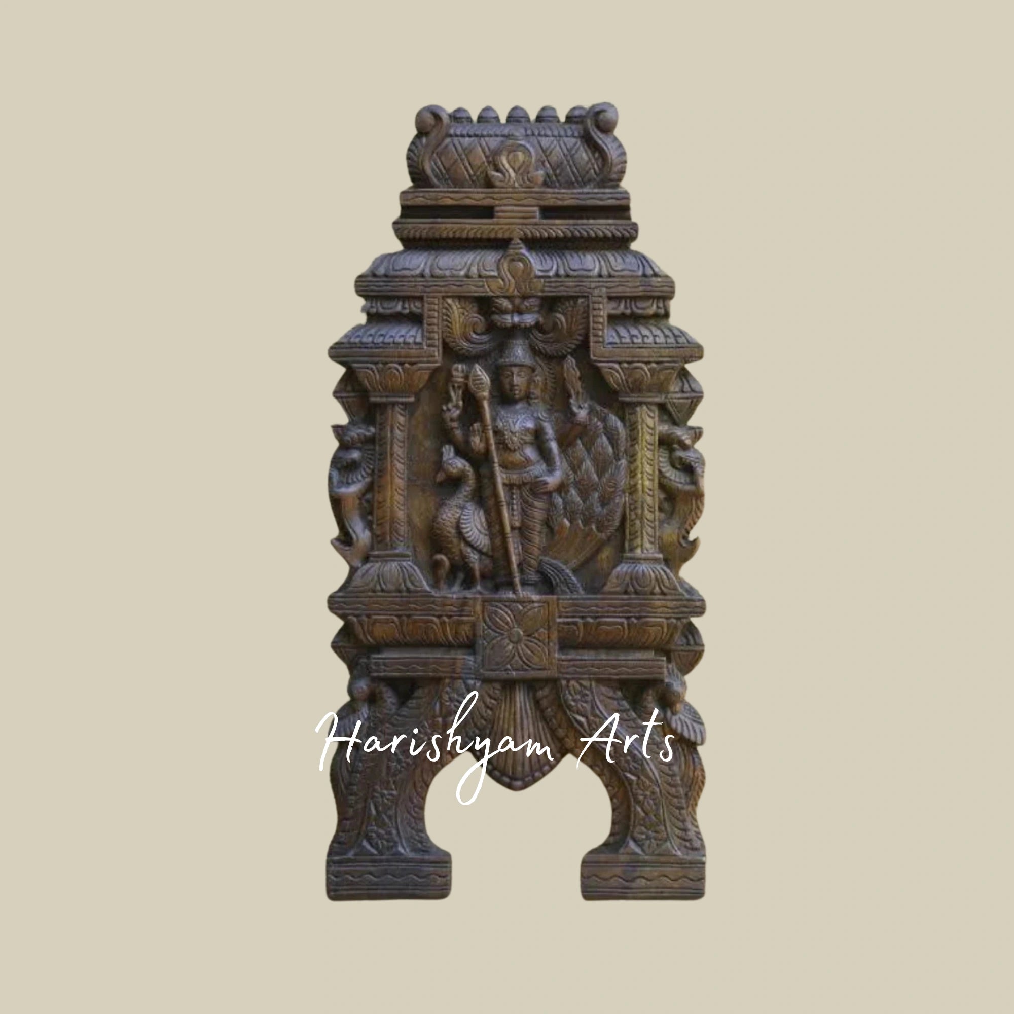24" Hand Carved Wooden Lord Murugan Kavadi Panel with Intricate Detailing