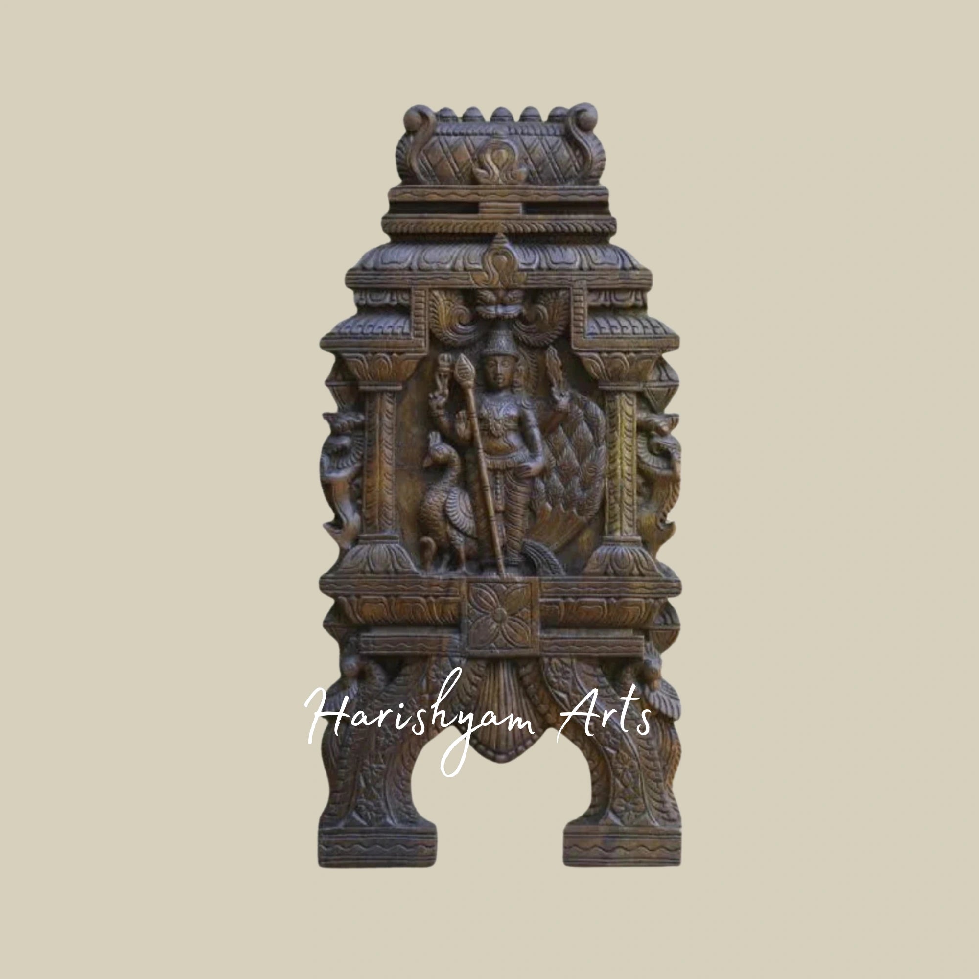 24" Hand Carved Wooden Lord Murugan Kavadi Panel with Intricate Detailing