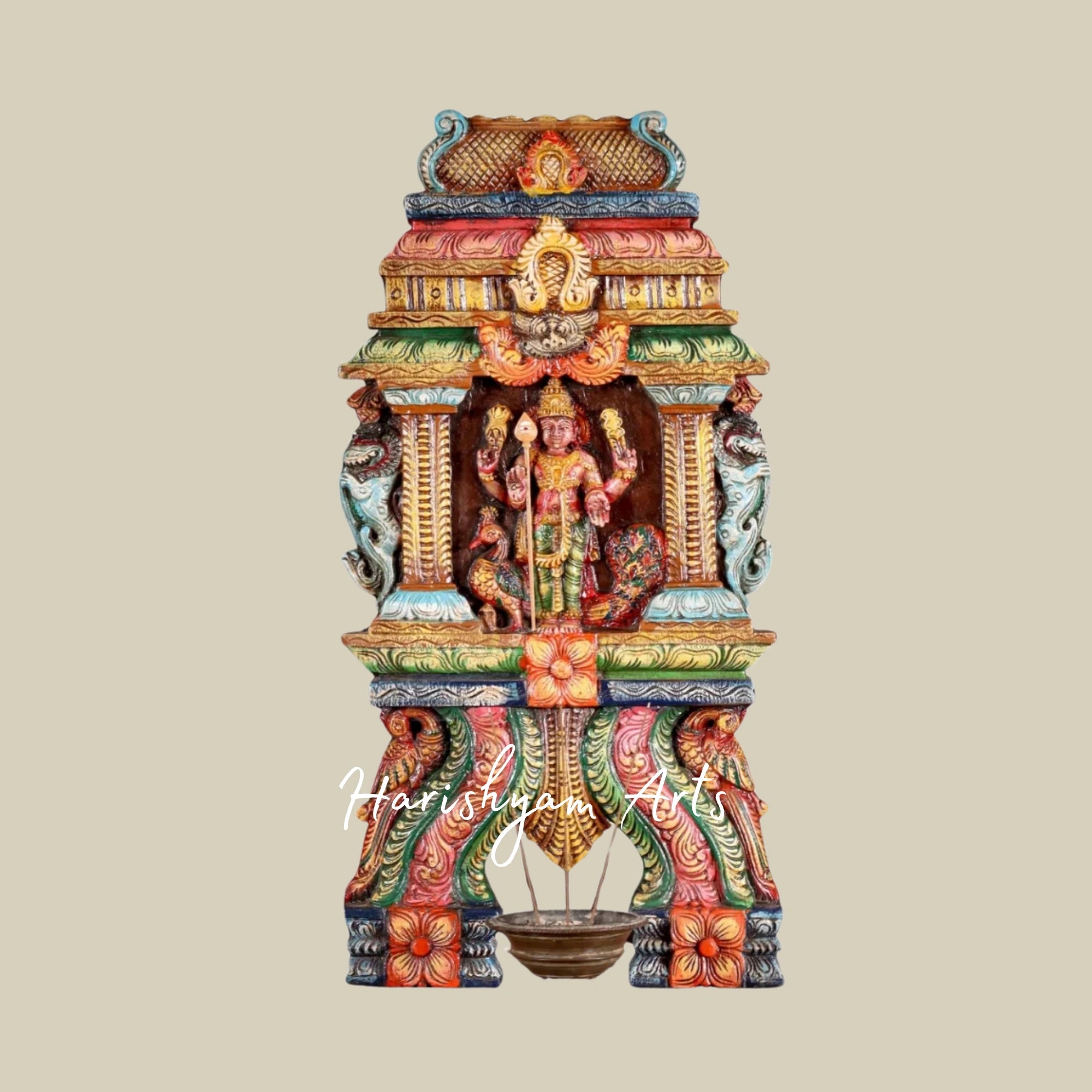 24" Hand Carved Wooden Lord Murugan Kavadi Panel with Intricate Detailing
