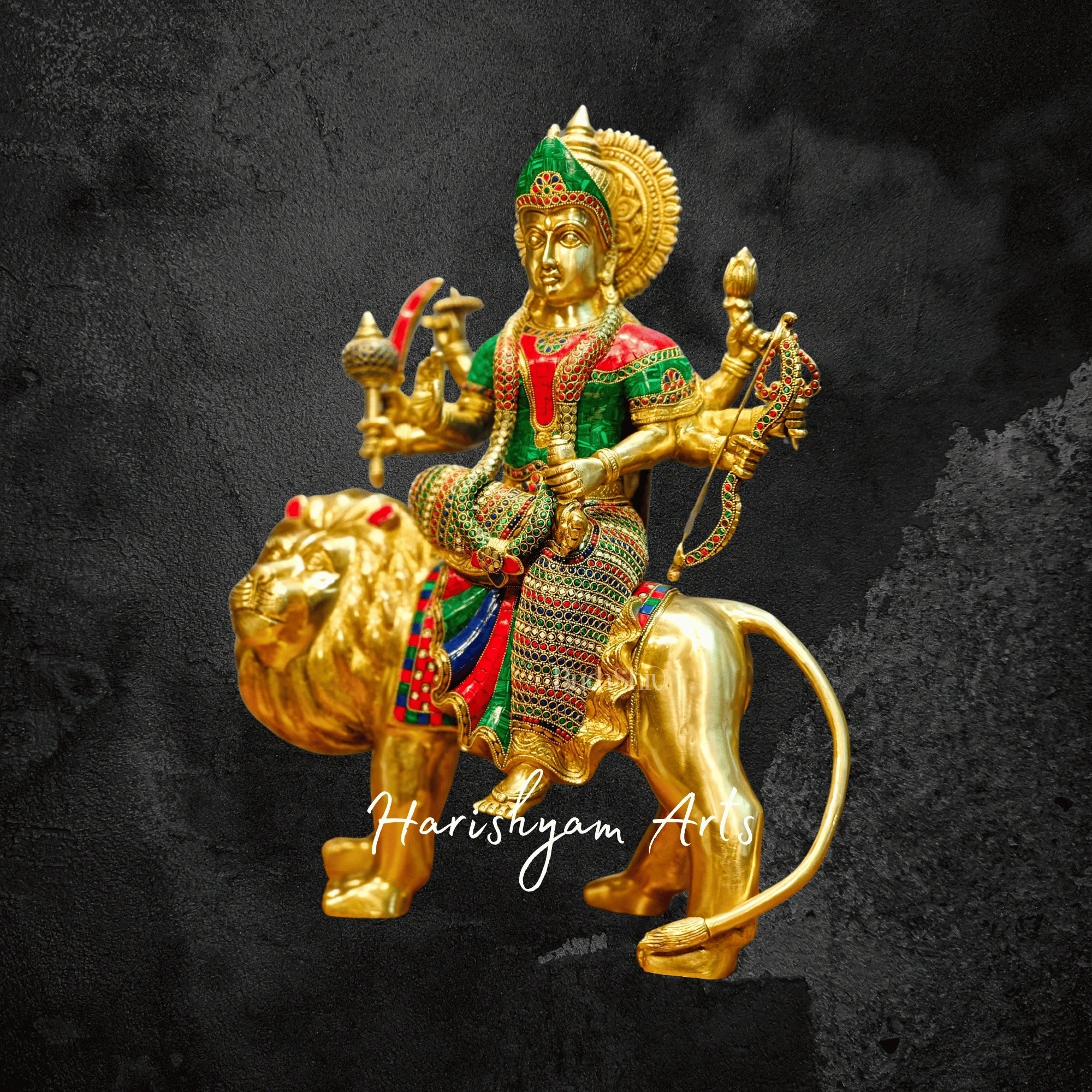 24" Handcrafted Brass Durga Ashtabhuja Murti with Meenakari Stonework