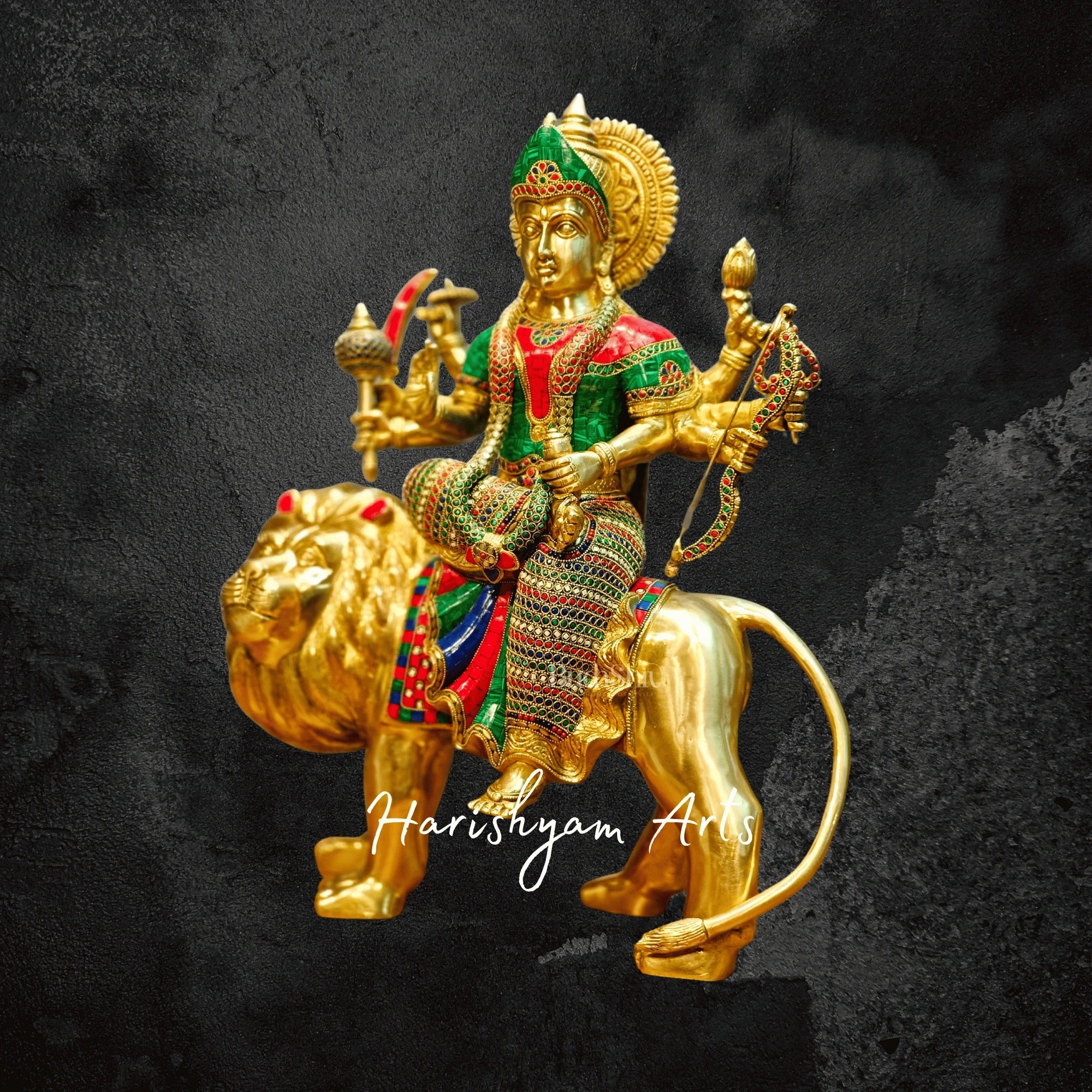 24" Handcrafted Brass Durga Ashtabhuja Murti with Meenakari Stonework