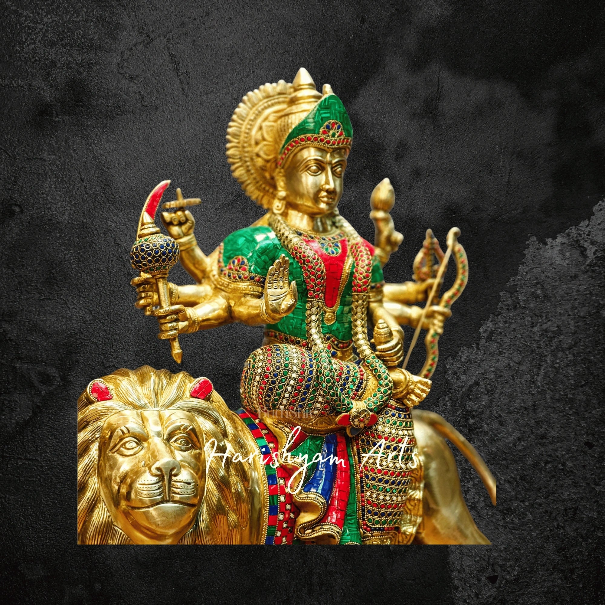 24" Handcrafted Brass Durga Ashtabhuja Murti with Meenakari Stonework