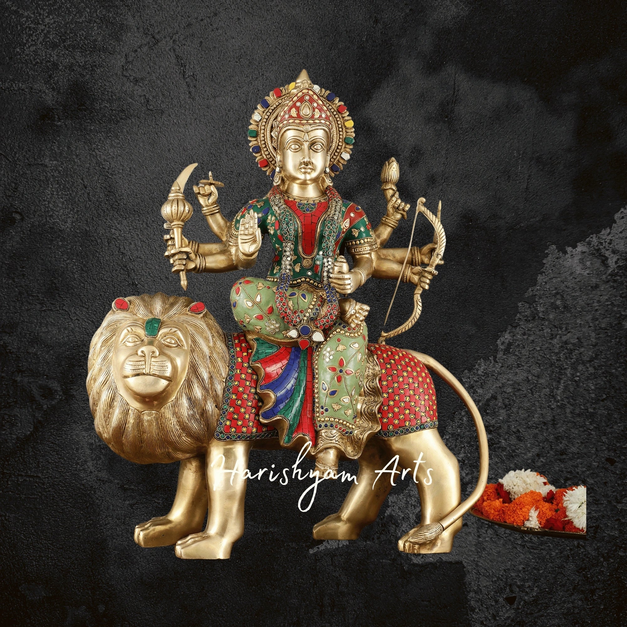 24" Handcrafted Brass Durga Maa Ambe Statue with Meenakari Stonework