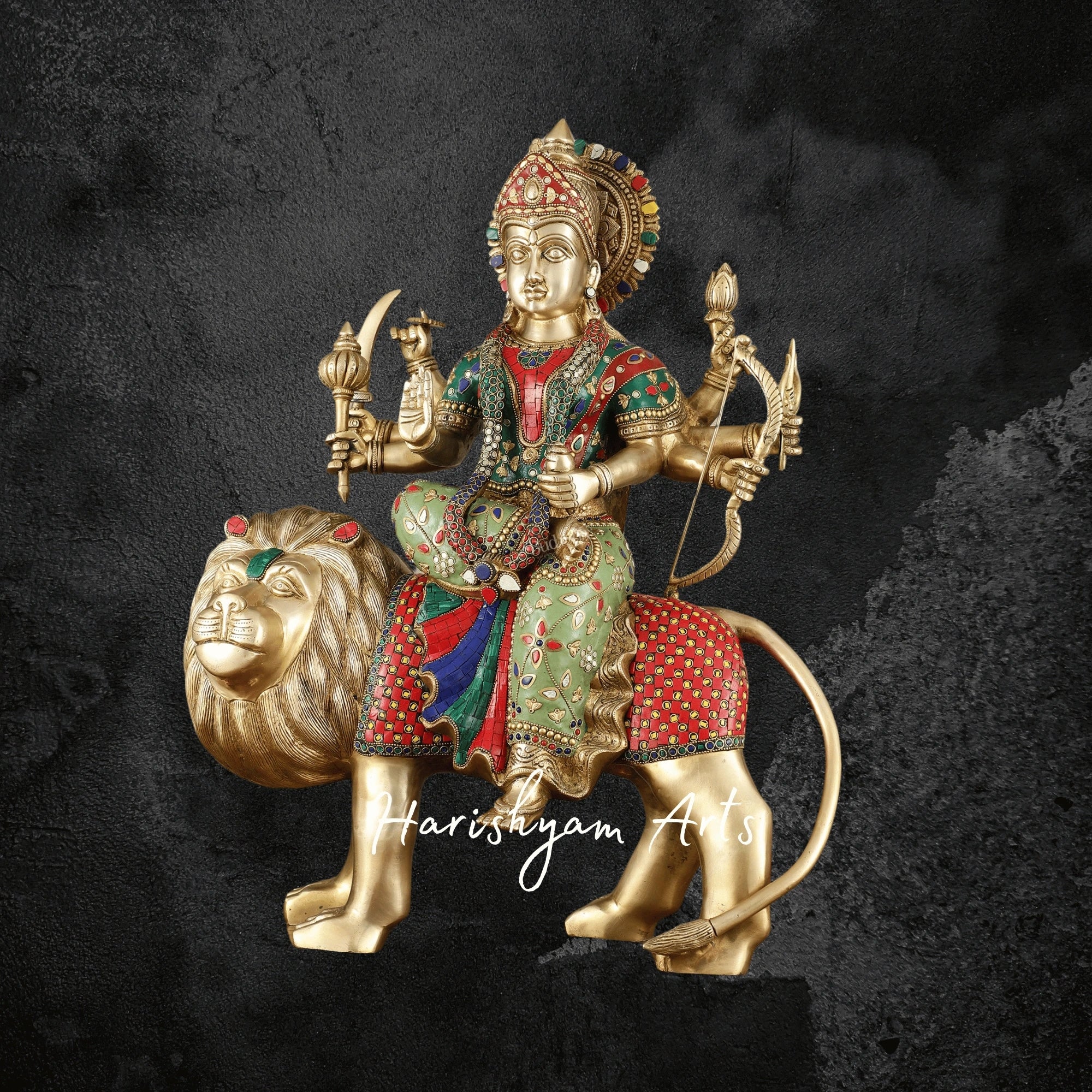 24" Handcrafted Brass Durga Maa Ambe Statue with Meenakari Stonework
