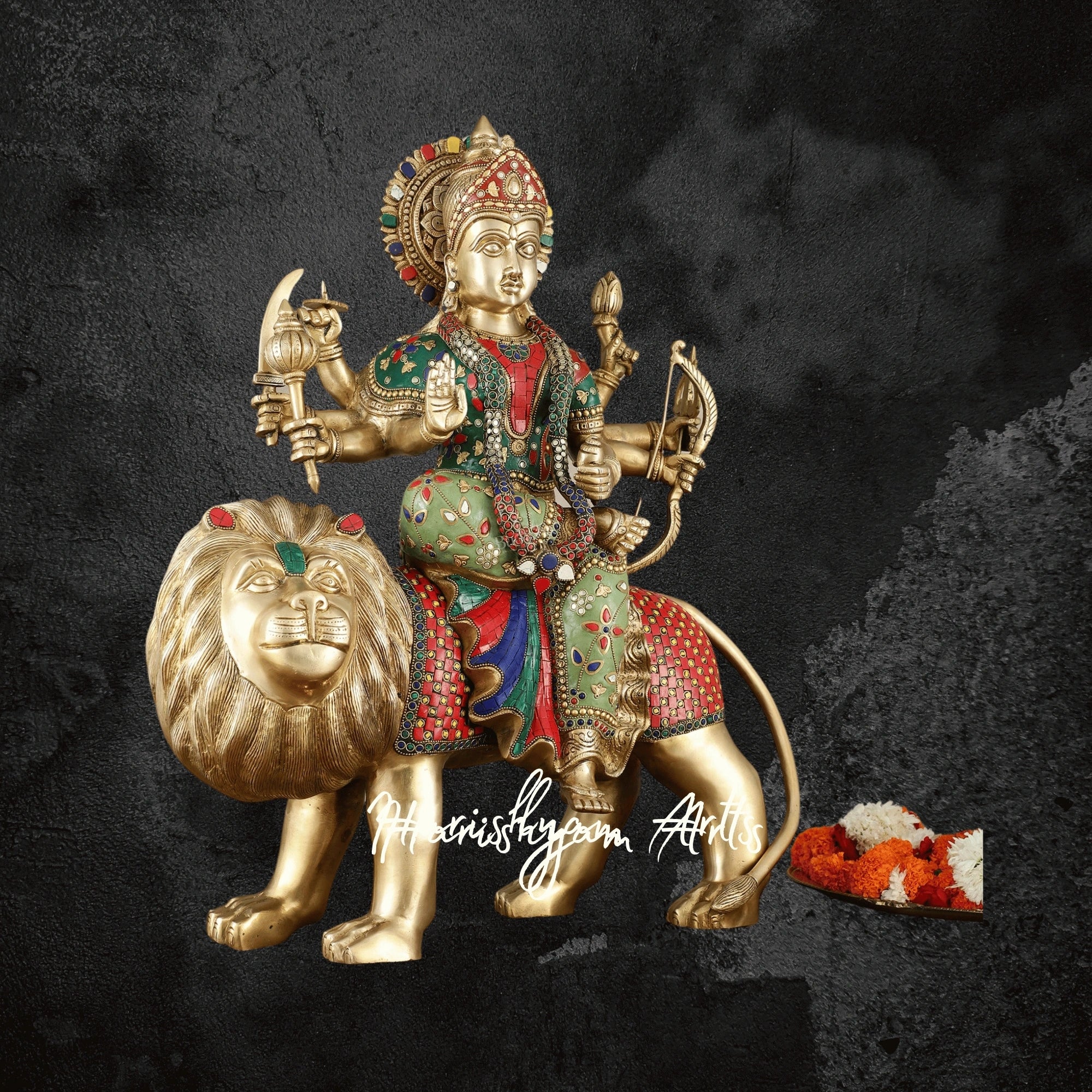 24" Handcrafted Brass Durga Maa Ambe Statue with Meenakari Stonework