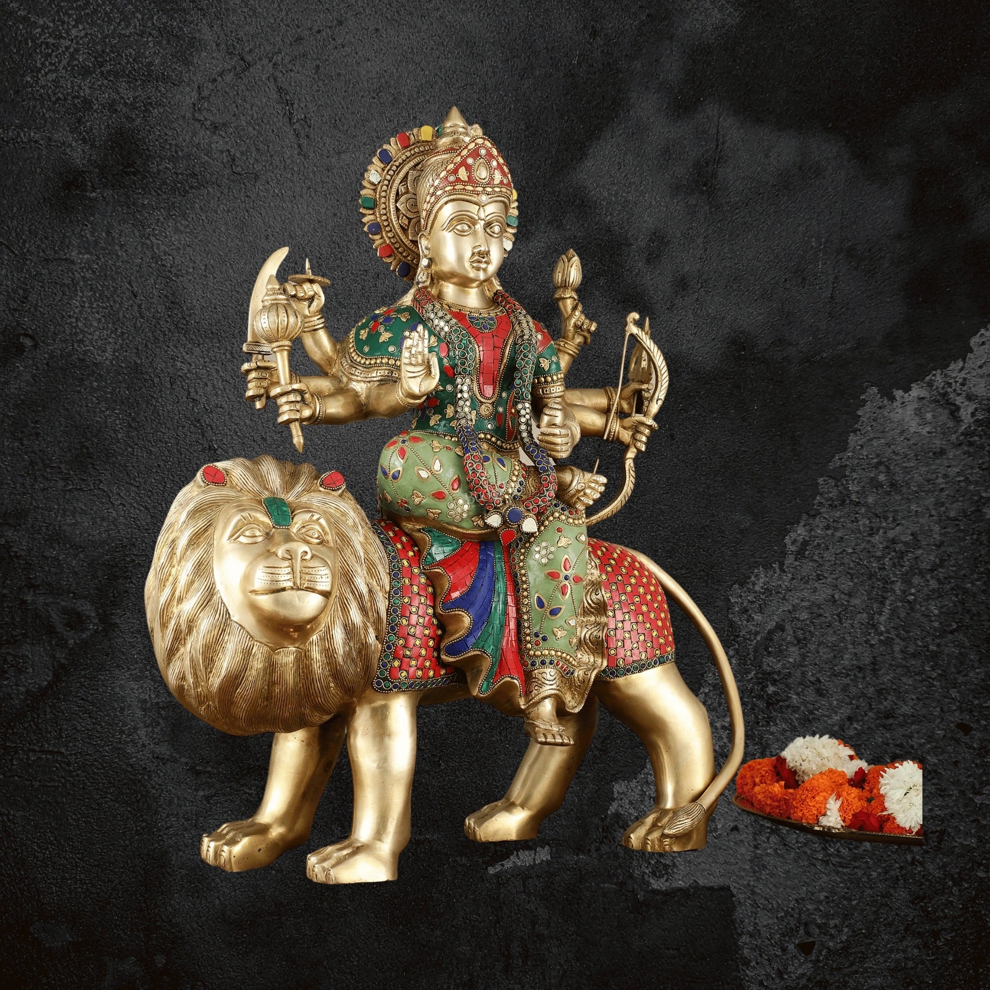 24" Handcrafted Brass Durga Maa Ambe Statue with Meenakari Stonework