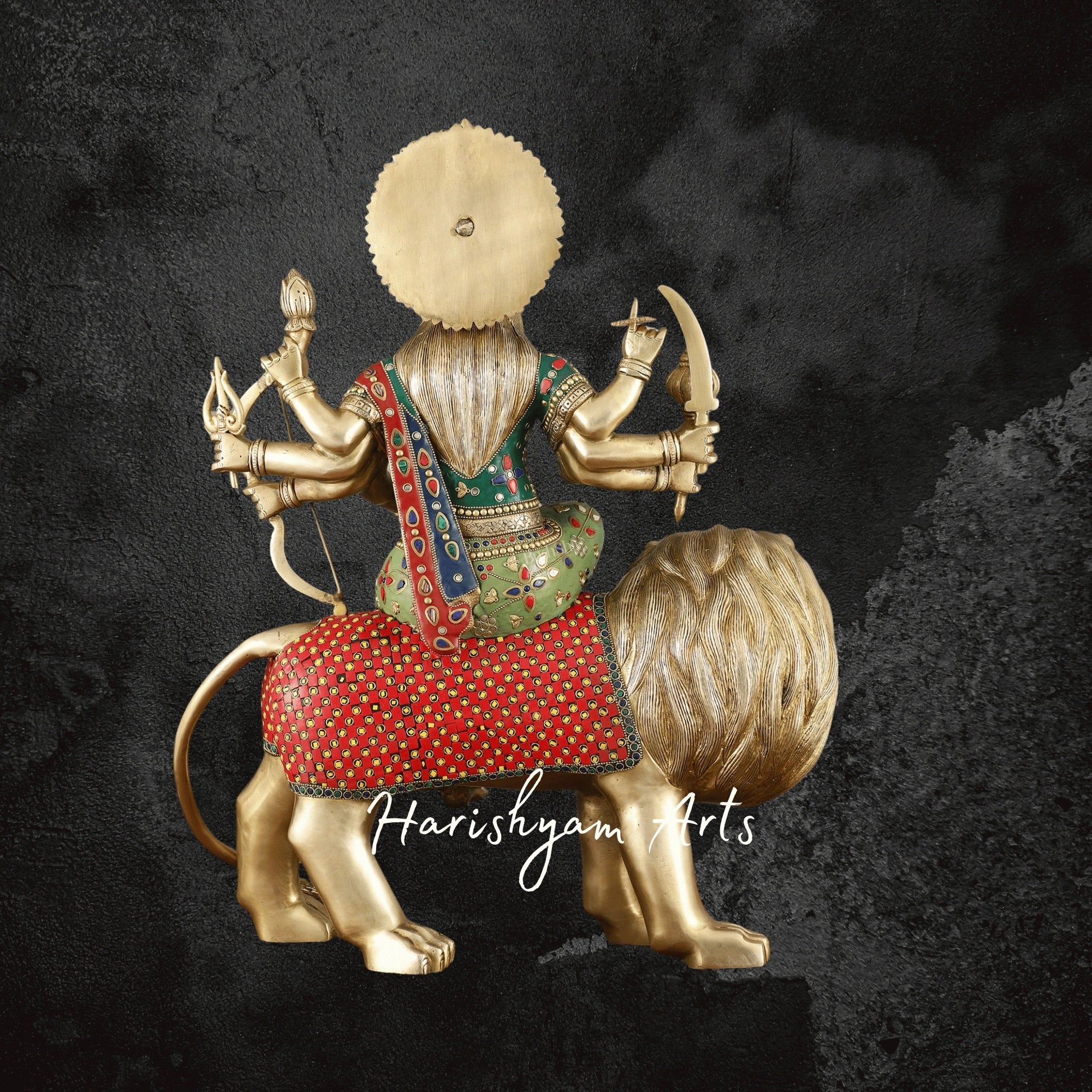 24" Handcrafted Brass Durga Maa Ambe Statue with Meenakari Stonework