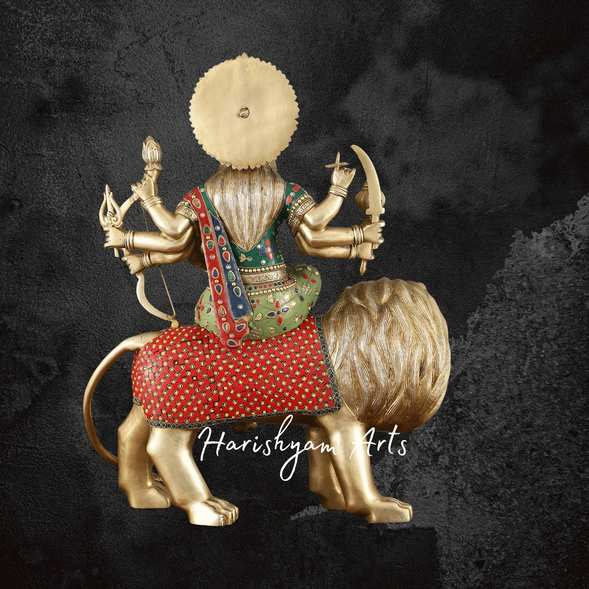 24" Handcrafted Brass Durga Maa Ambe Statue with Meenakari Stonework