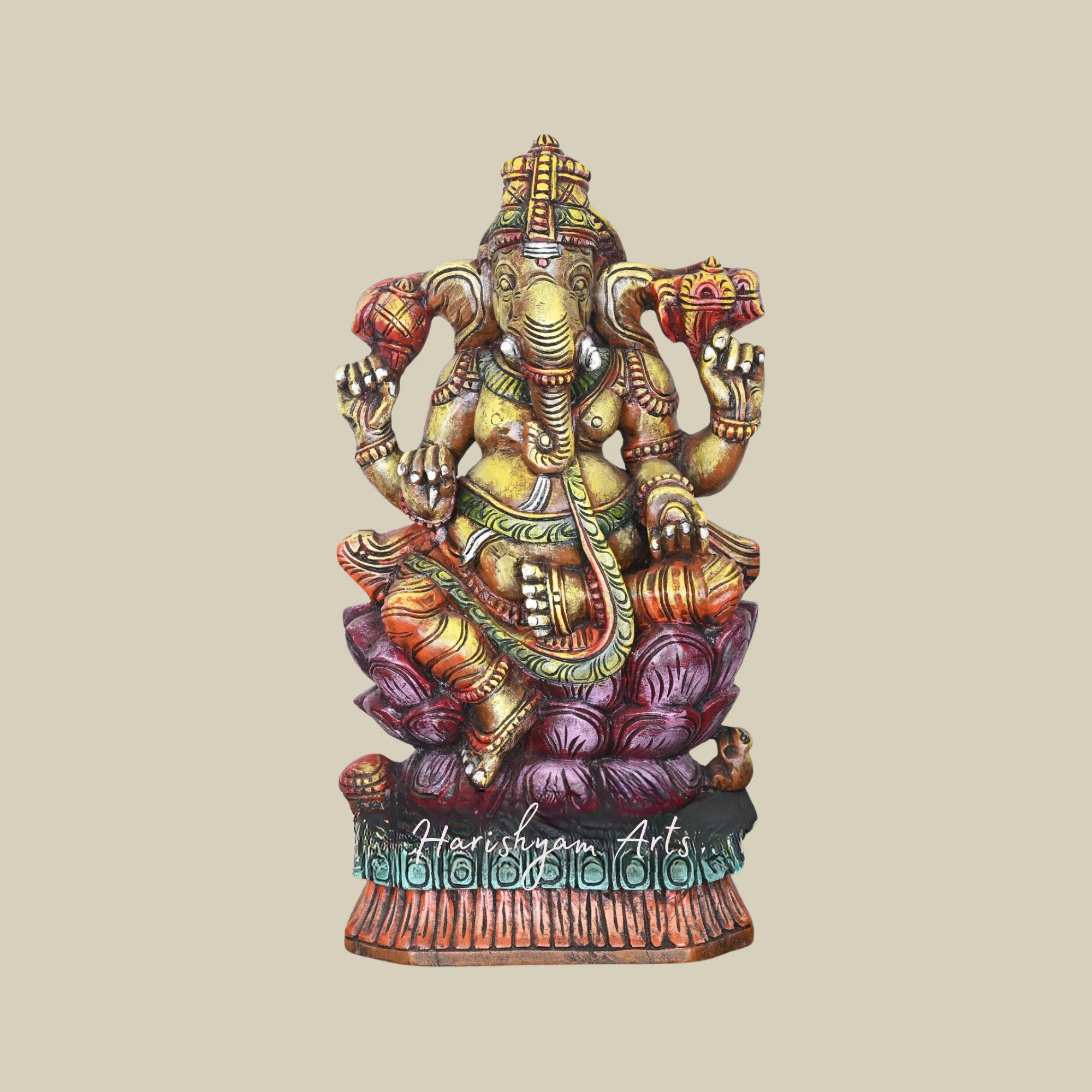 24" Handcrafted Ganesha Seated on Double Petal Pink Lotus Wooden Showpiece for Decoration